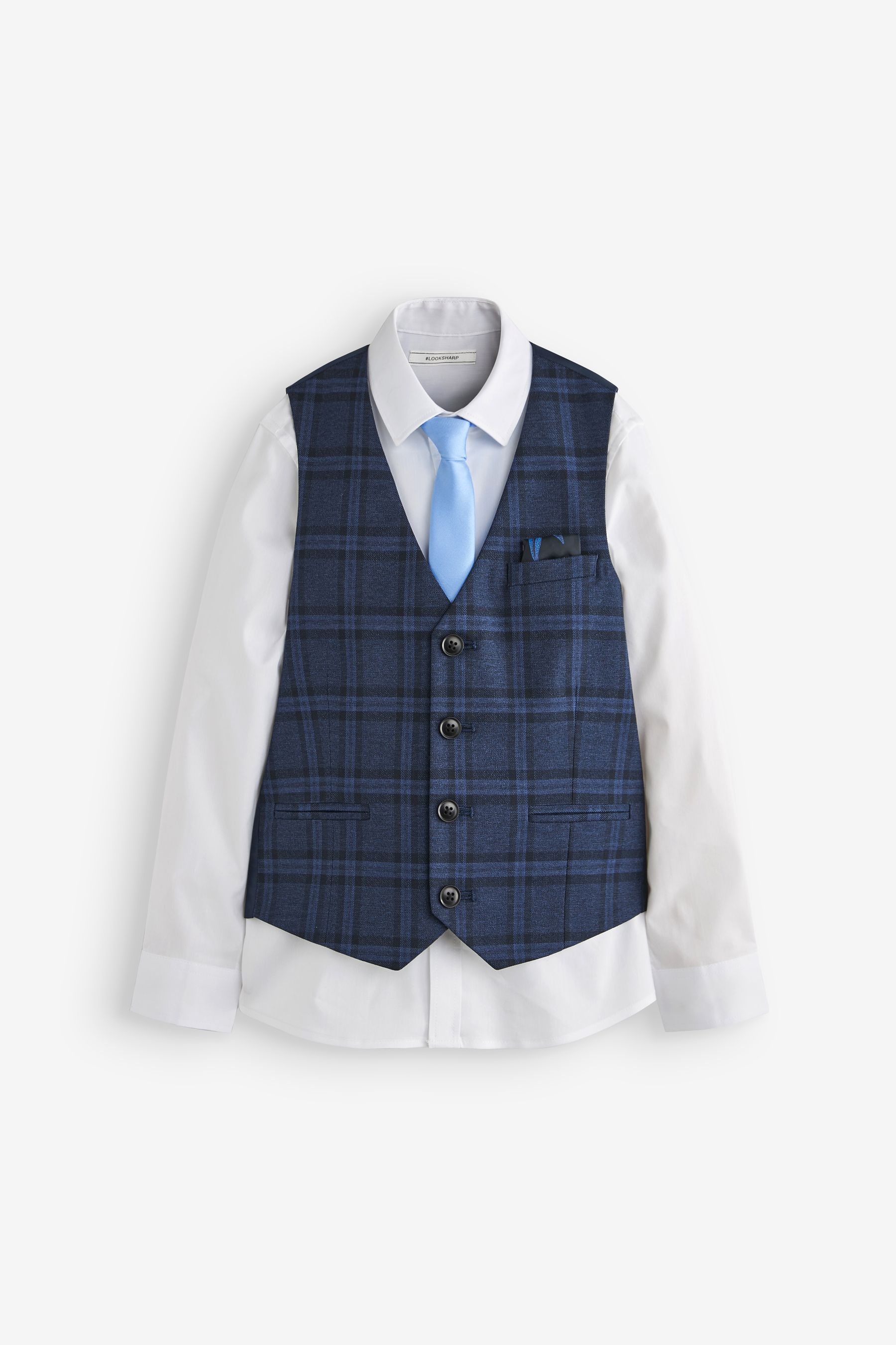 Buy Blue Check Waistcoat White Shirt Tie Set Waistcoat 12mths 16yrs from Next Oman