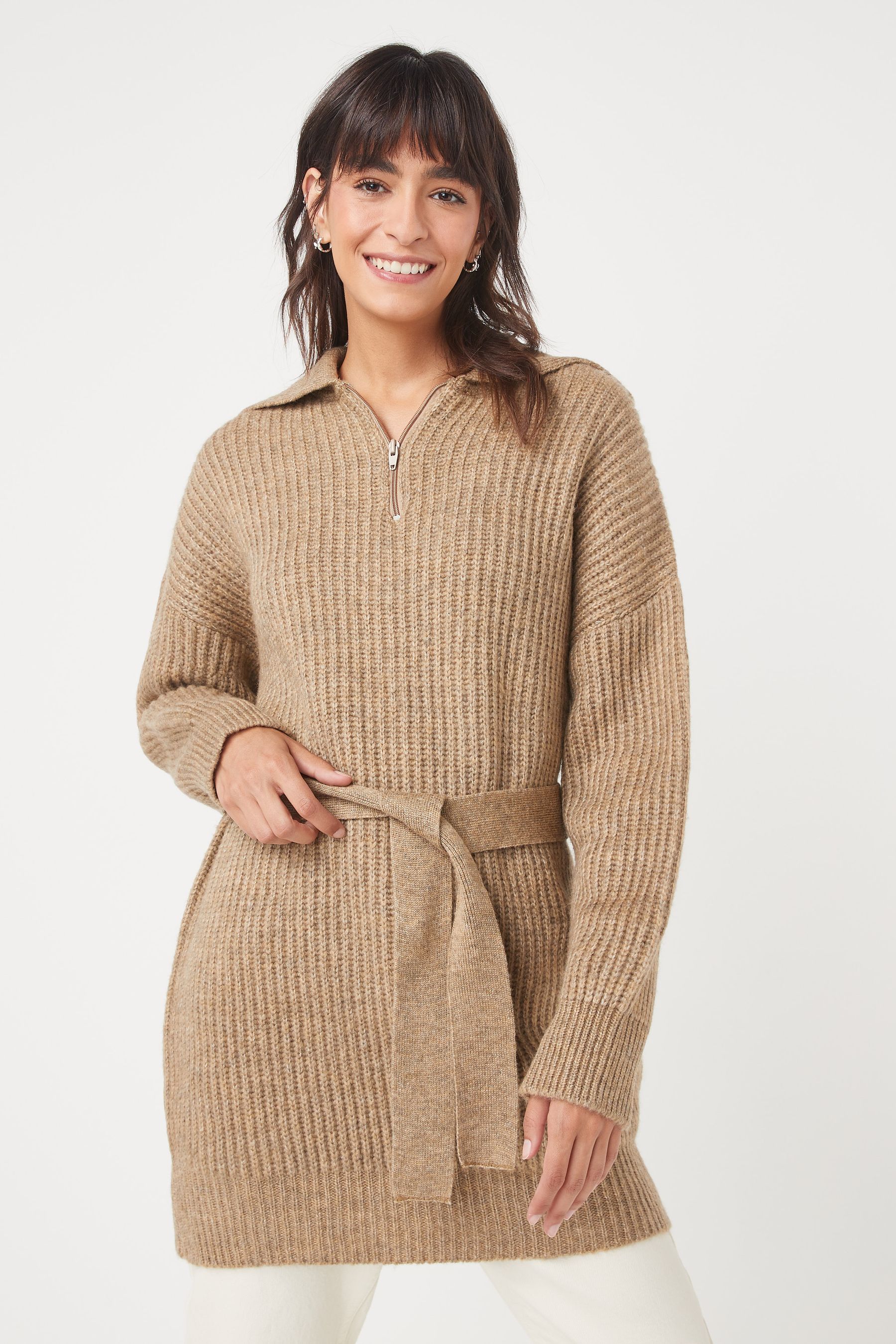 Buy Brown Belted Zip Neck Knitted Tunic Jumper Dress from Next Luxembourg