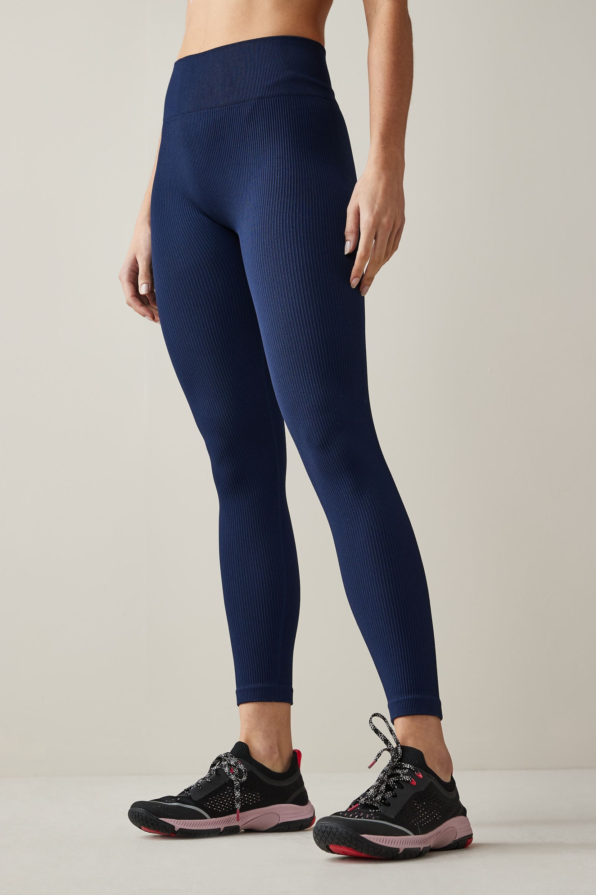 Navy Blue Ribbed High Waist Leggings - Image 1 of 4