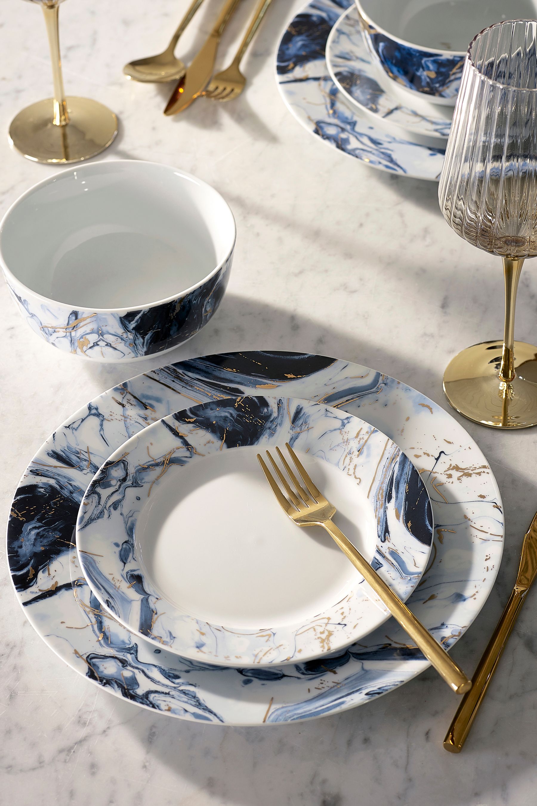 Buy 12 Piece Navy Blue Effect Agate Pattern Dinner Set from Next Ireland