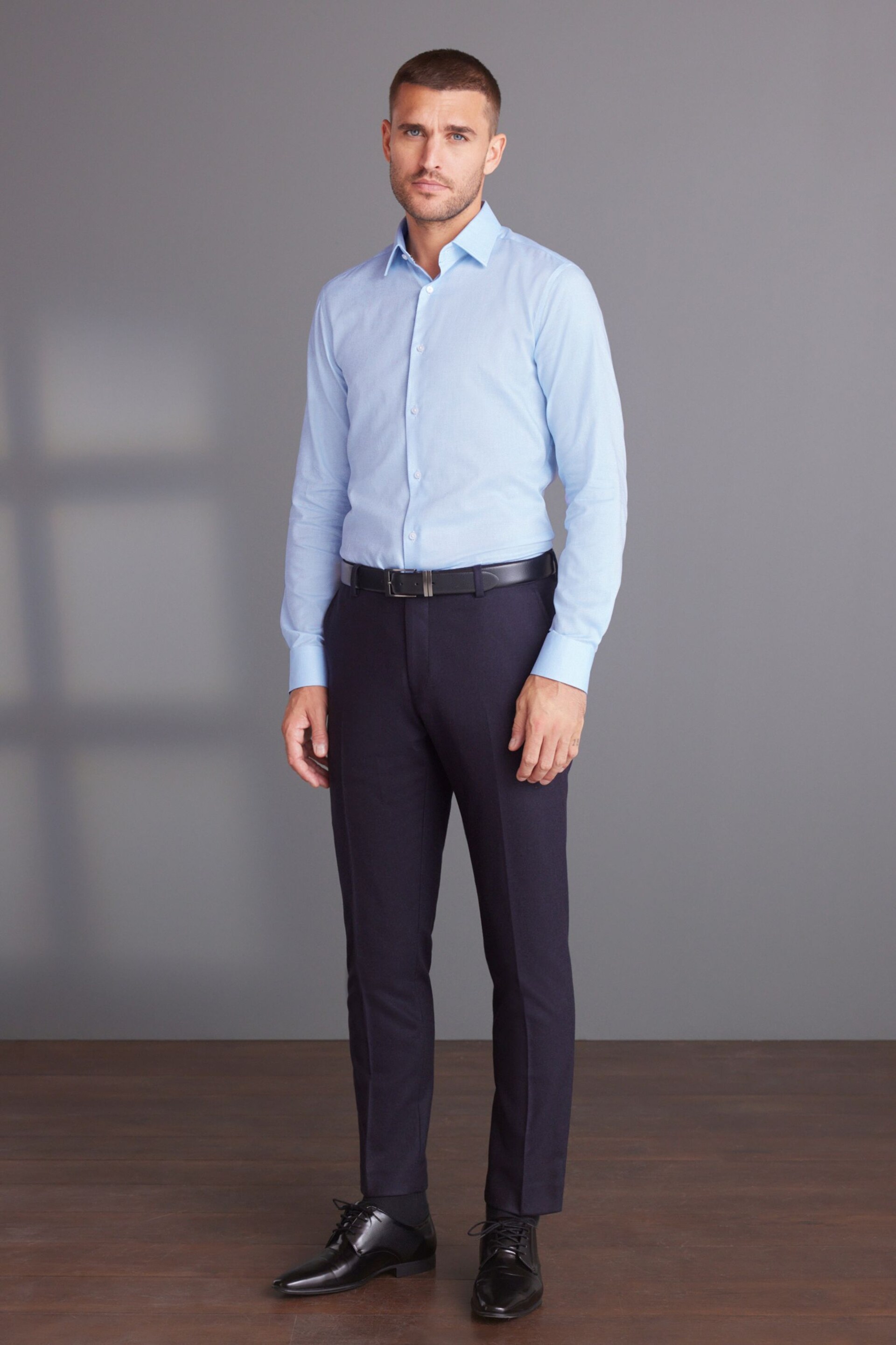 Light Blue Slim Fit Signature Textured Single Cuff Shirt With Trim Detail - Image 2 of 10