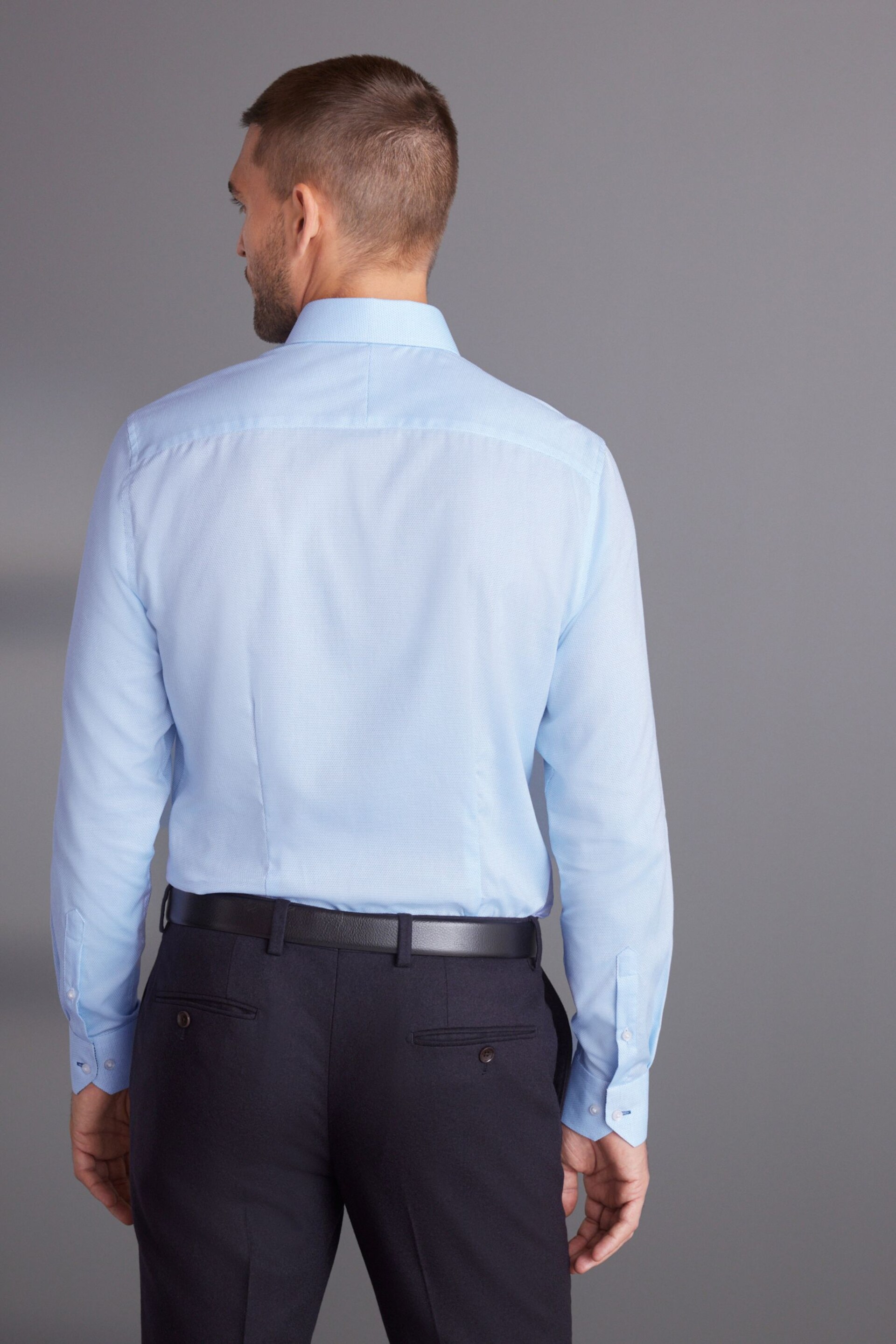 Light Blue Slim Fit Signature Textured Single Cuff Shirt With Trim Detail - Image 3 of 10