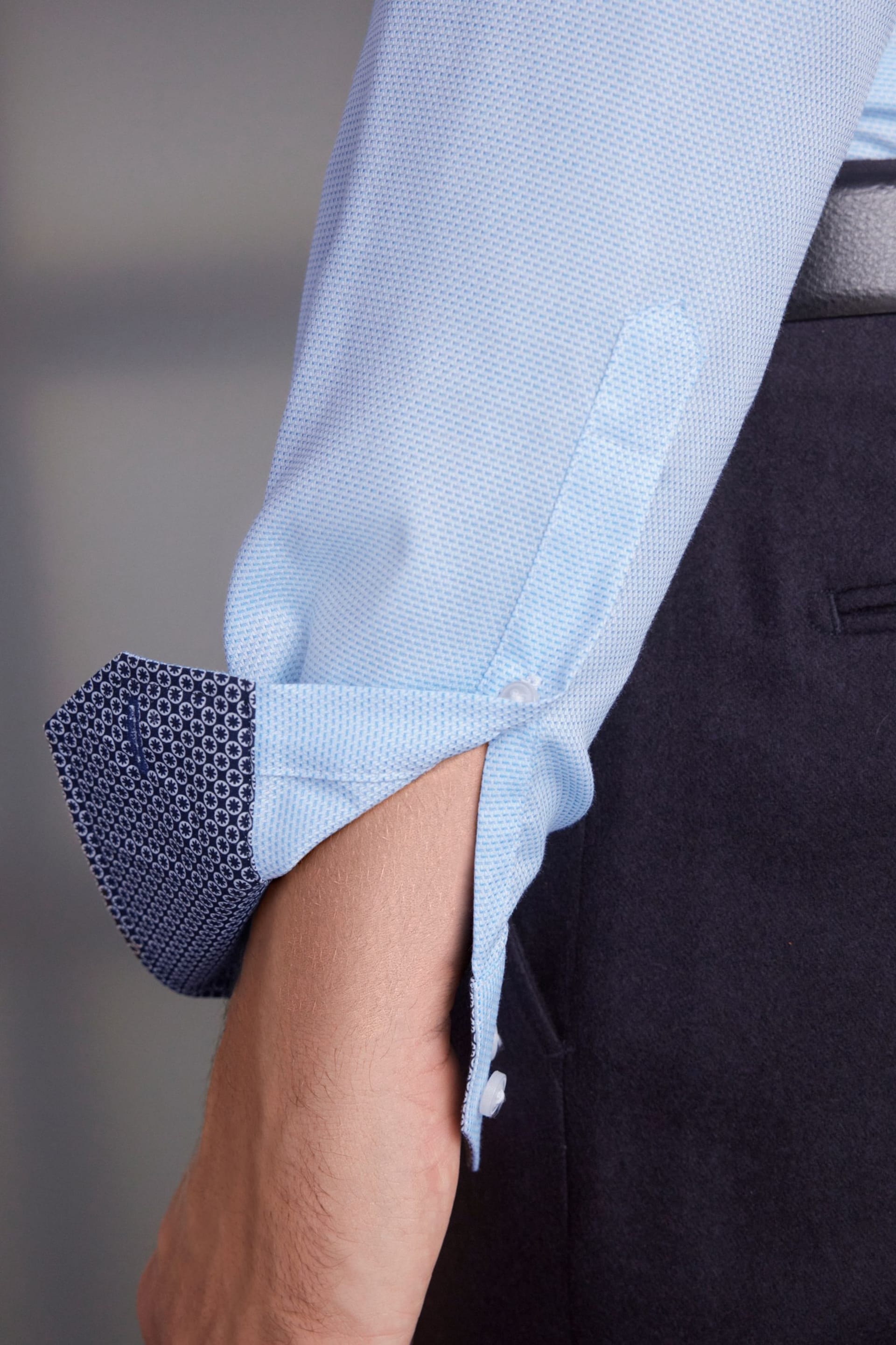 Light Blue Slim Fit Signature Textured Single Cuff Shirt With Trim Detail - Image 7 of 10