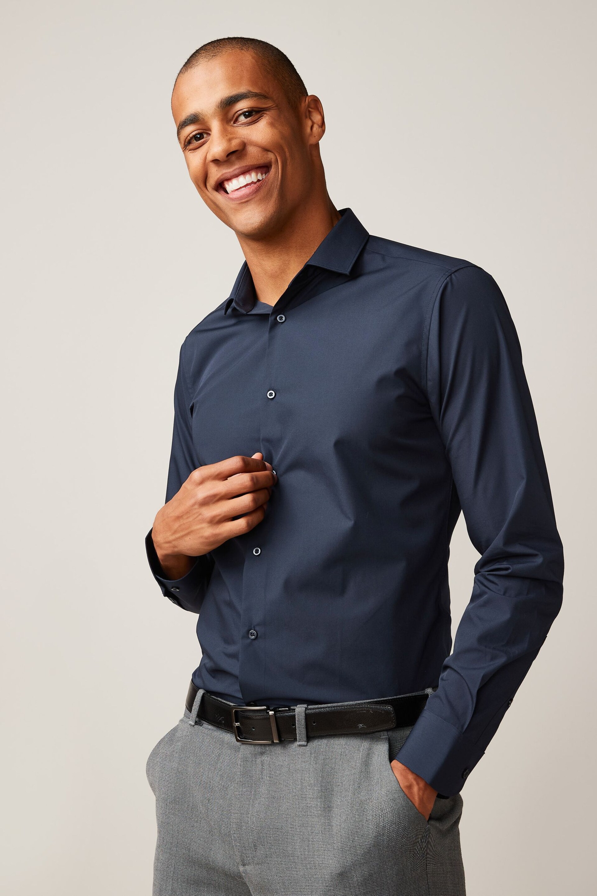 Blue Navy Slim Fit Easy Care Single Cuff Shirt - Image 1 of 7