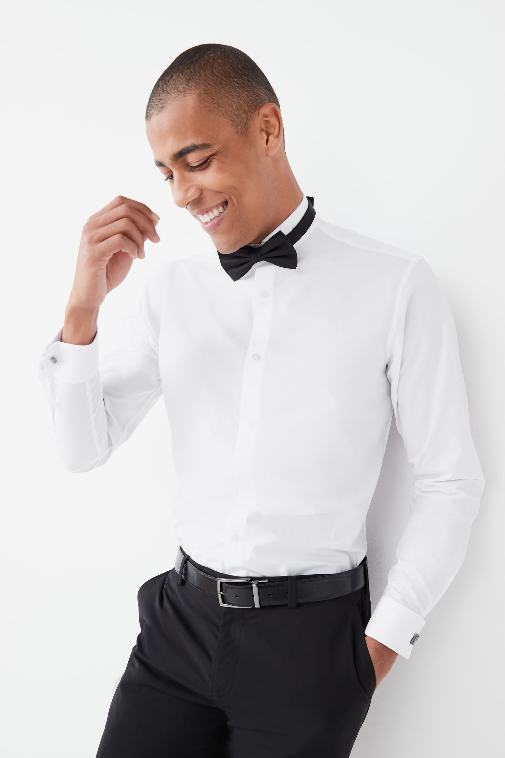 White Slim Fit Easy Care Double Cuff Wing Collar Shirt - Image 1 of 6