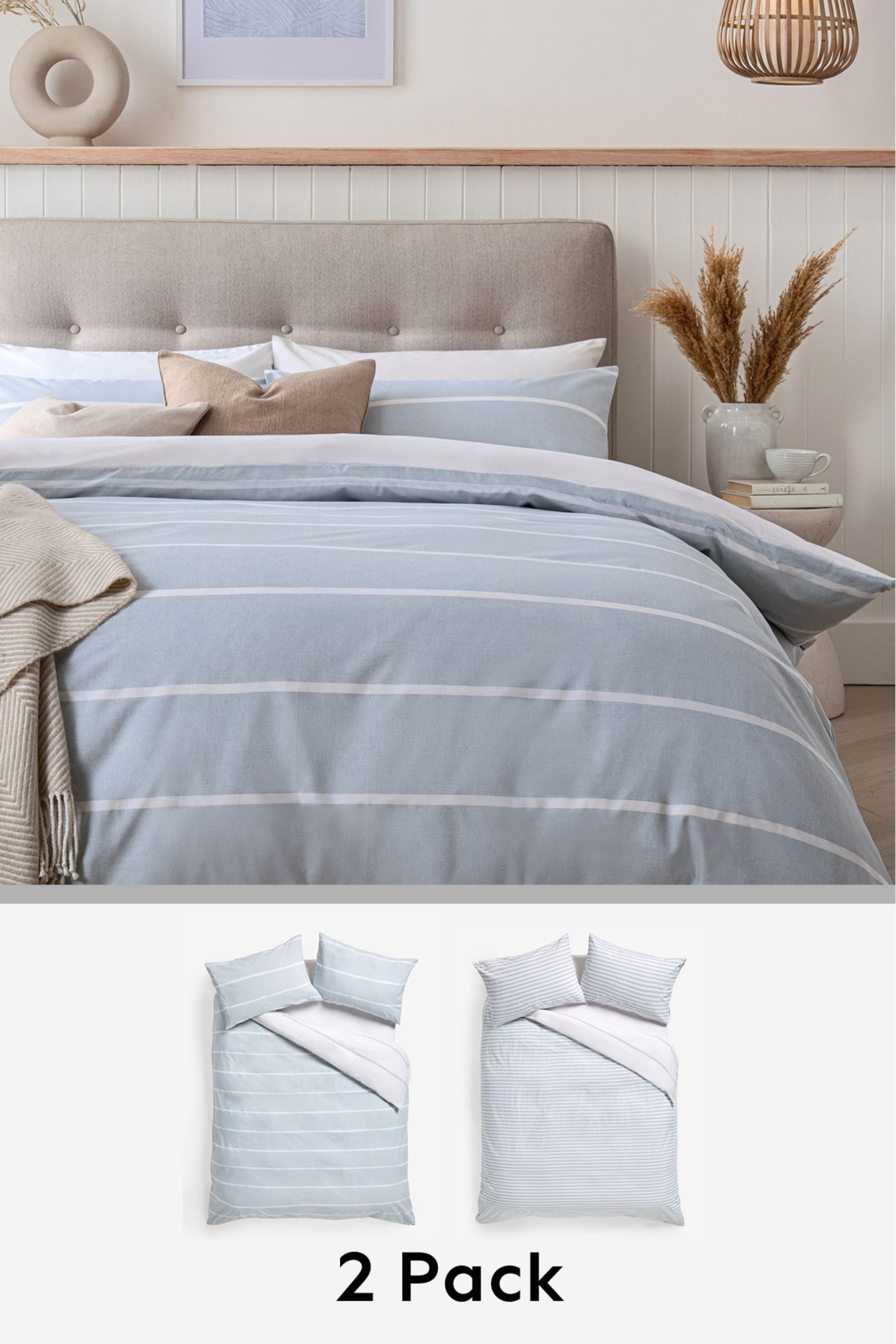2 Pack Blue Stripe Reversible Duvet Cover and Pillowcase Set - Image 1 of 9