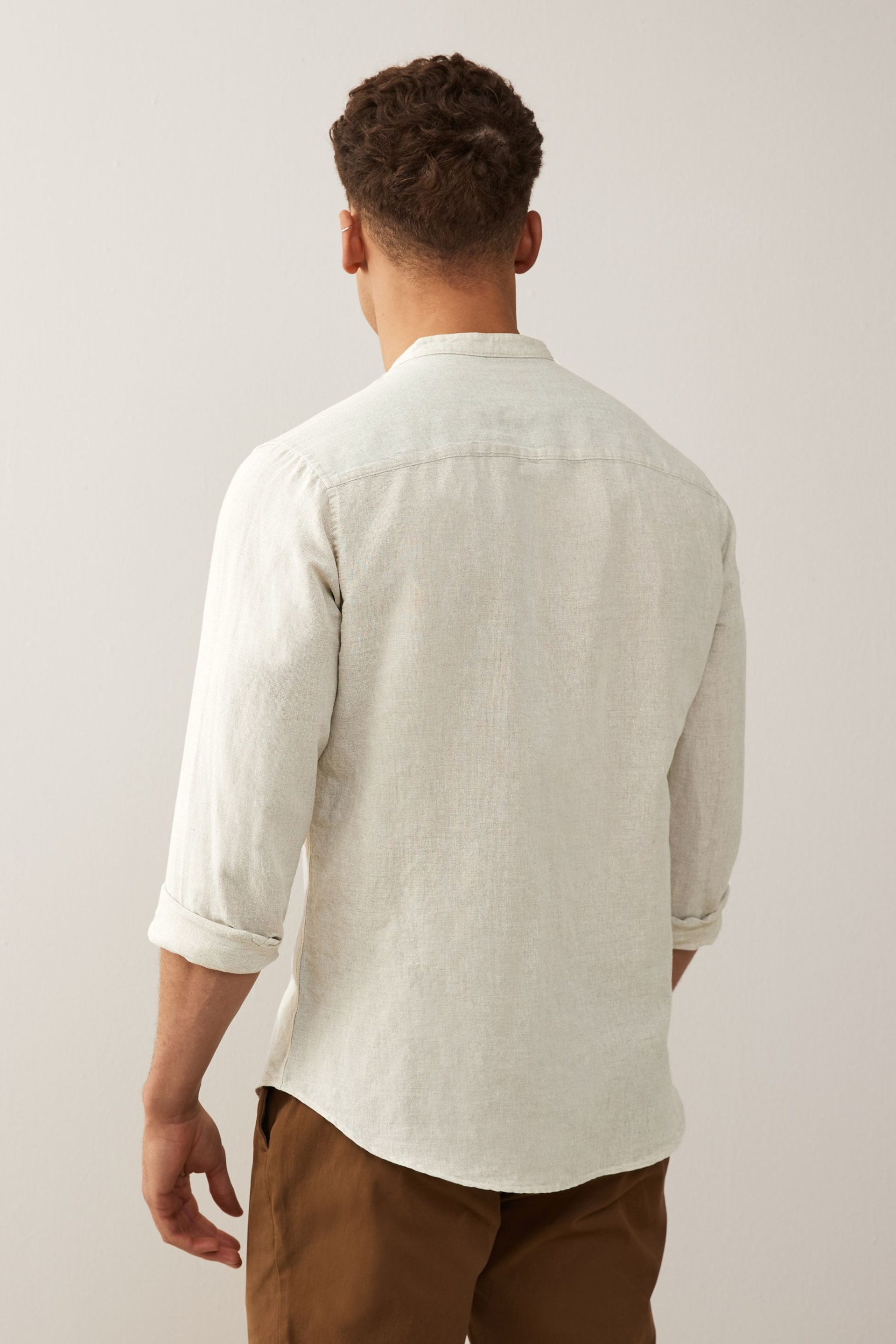 Stone Grandad Collar Linen Blend Long Sleeve Shirt - Image 2 of 5