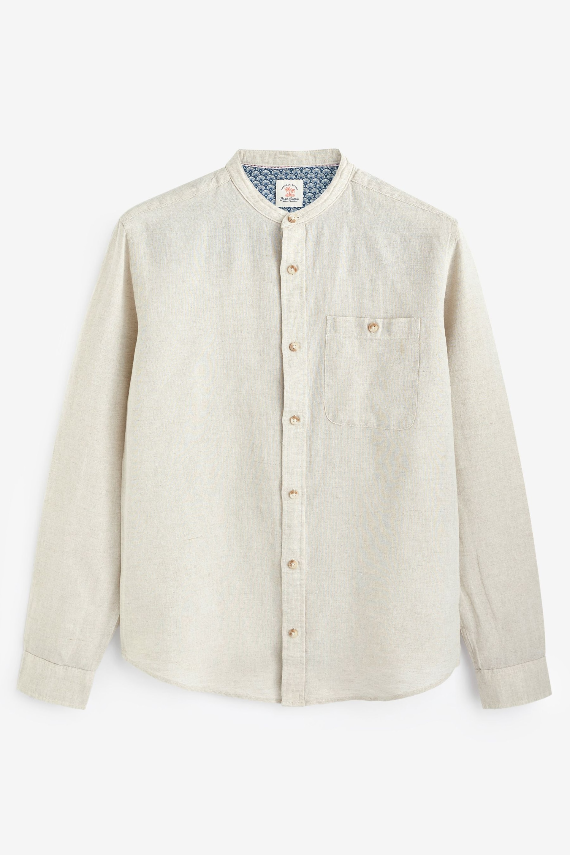 Stone Grandad Collar Linen Blend Long Sleeve Shirt - Image 5 of 5