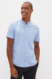 Light Blue Grandad Collar Linen Blend Short Sleeve Shirt - Image 1 of 5