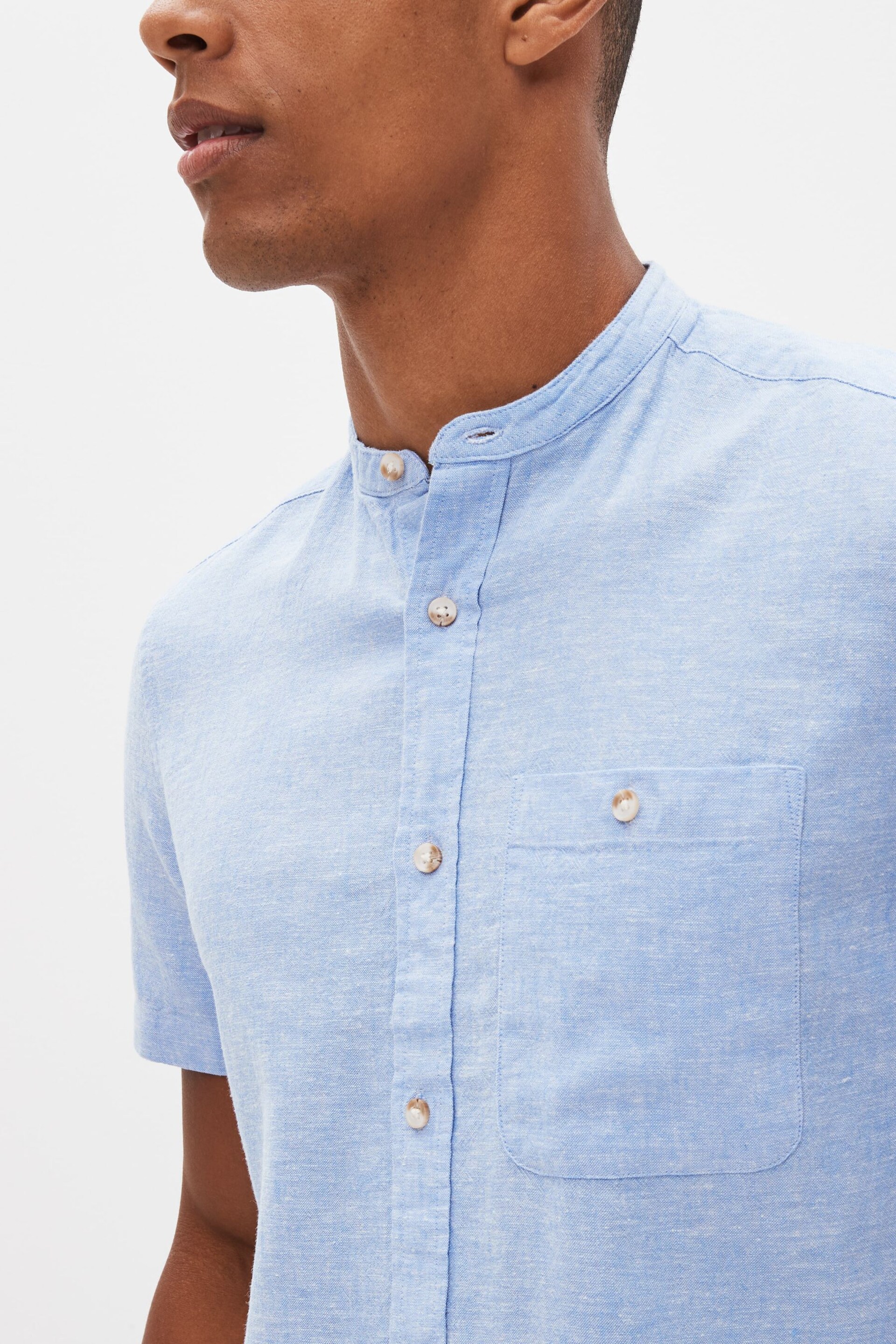 Light Blue Grandad Collar Linen Blend Short Sleeve Shirt - Image 3 of 5