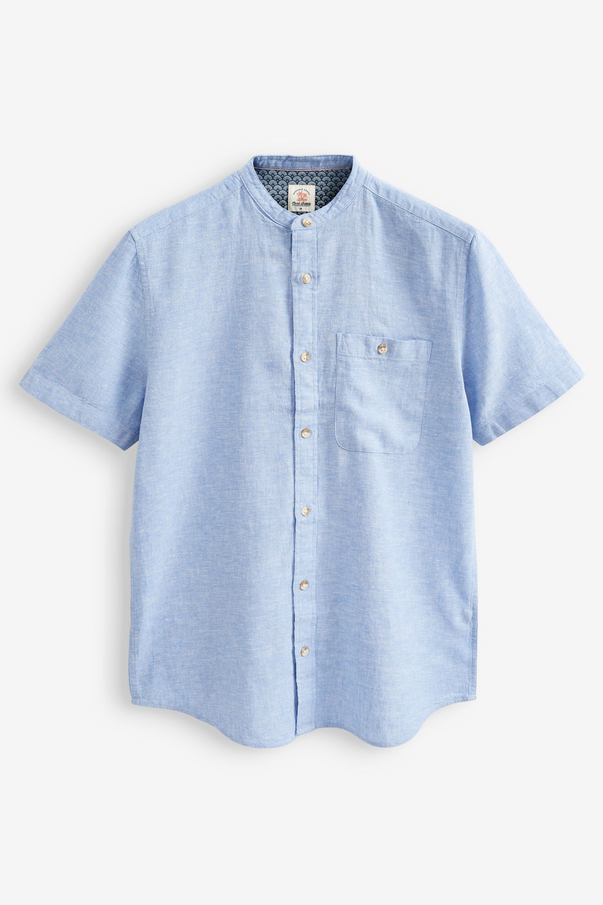 Light Blue Grandad Collar Linen Blend Short Sleeve Shirt - Image 4 of 5