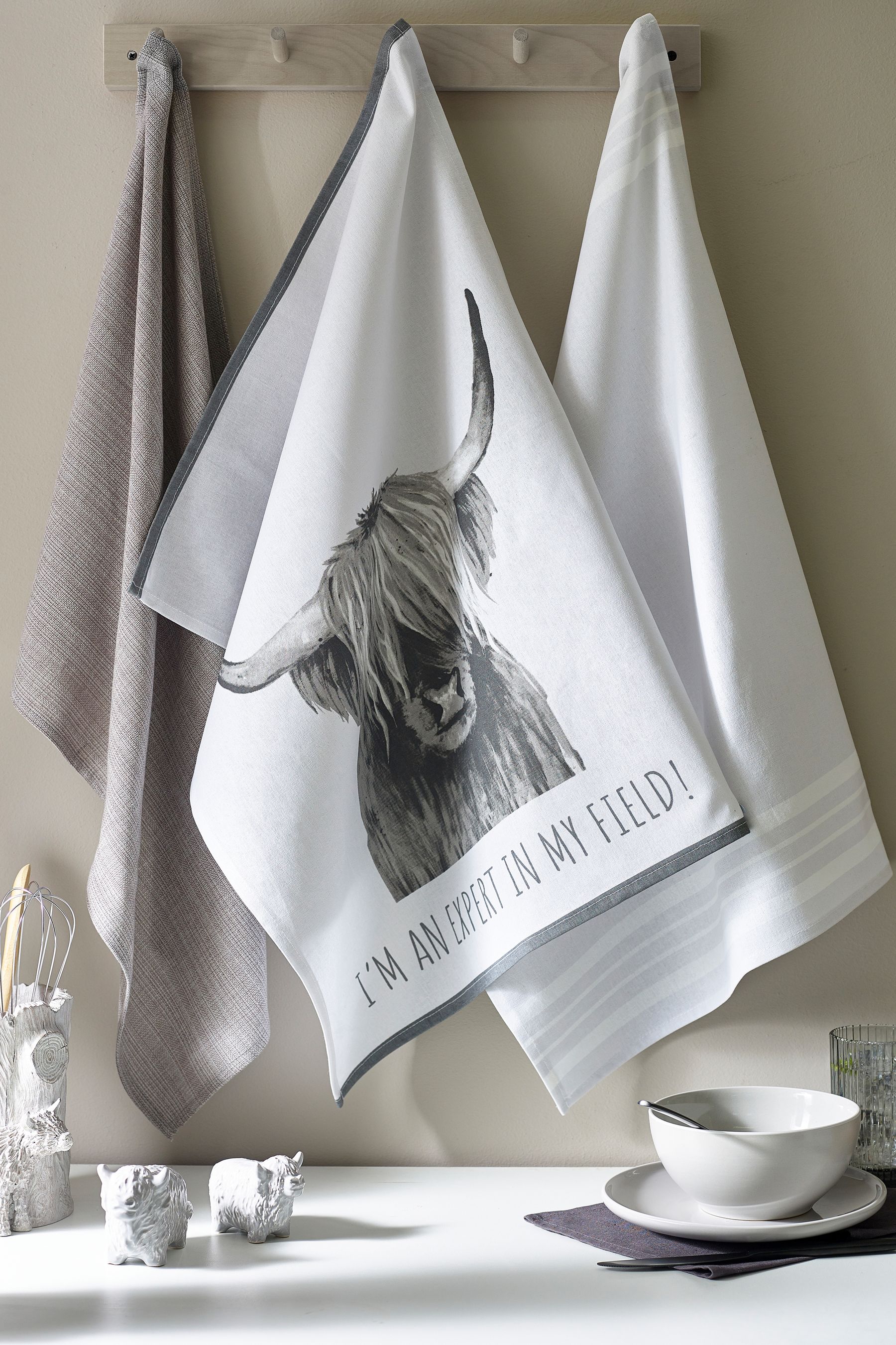 Buy Set of 3 Grey 100 Cotton Hamish The Highland Cow Tea Towels from Next Luxembourg