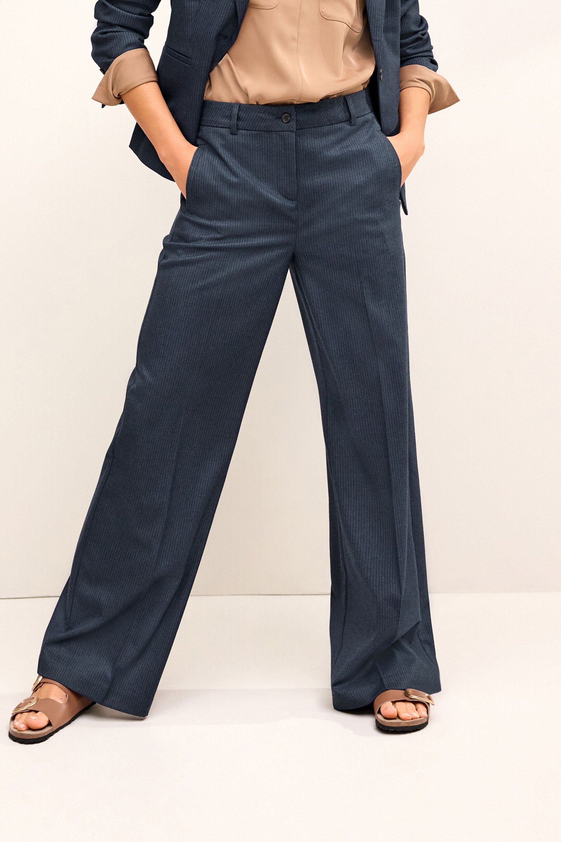 Navy Blue Tailored Check Wide Leg Trousers - Image 3 of 7