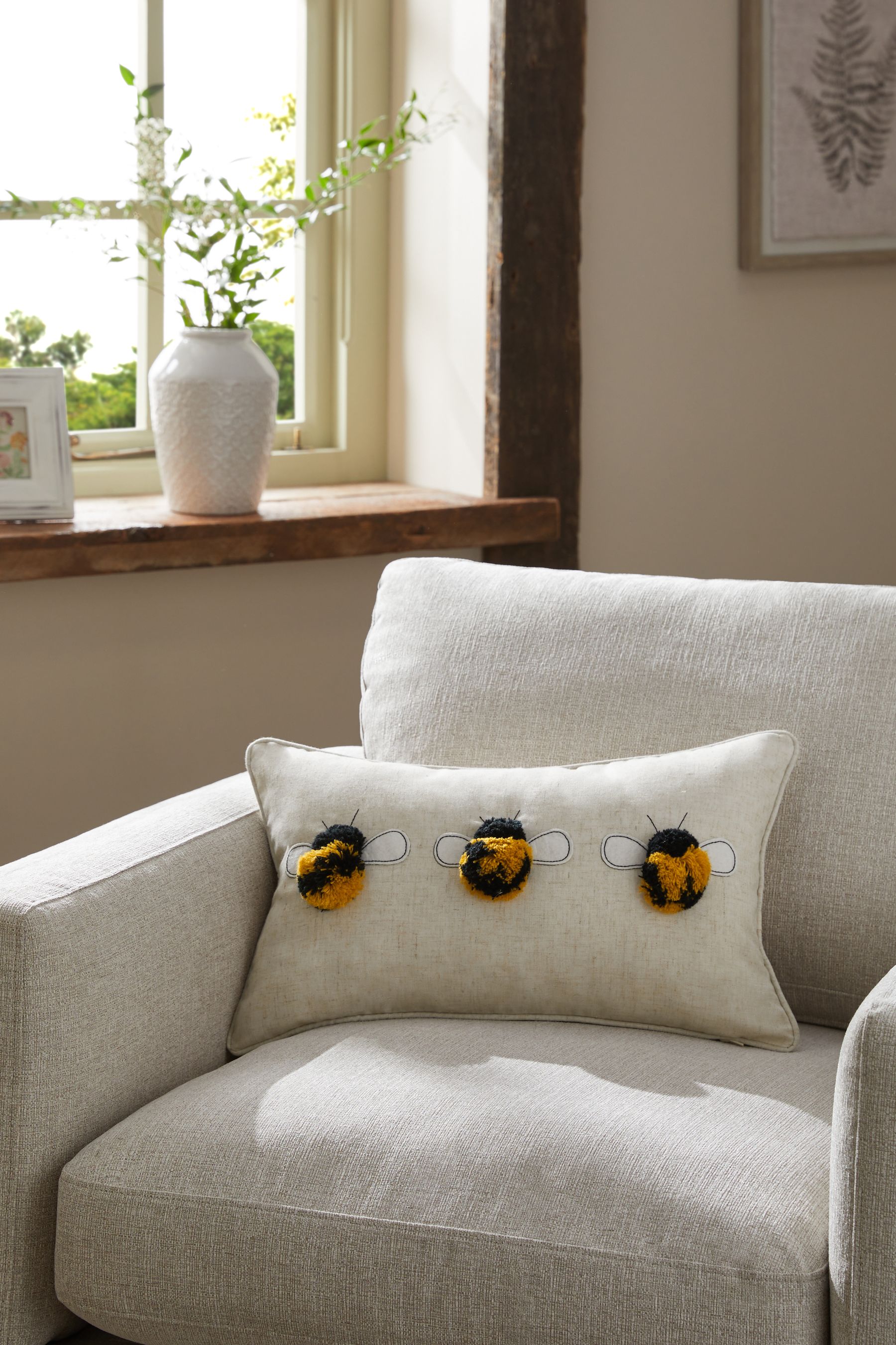 Buy Ochre Yellow 50 x 30cm Tufted Pom Bee Trio Cushion from Next Luxembourg