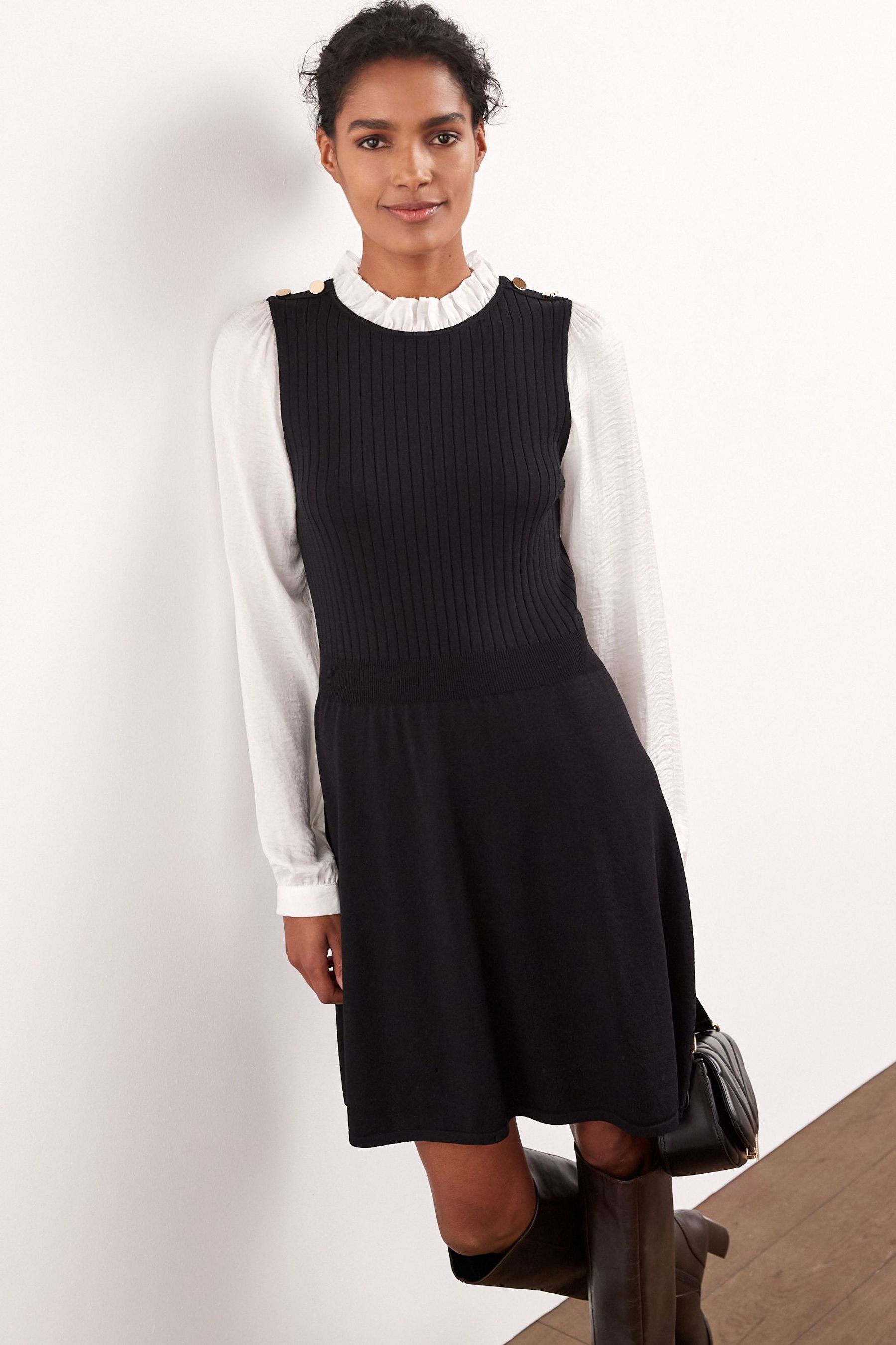 Black ruffle pinafore dress clearance