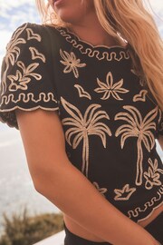 Black and Gold Palm Print Broderie Short Sleeve Top - Image 4 of 6