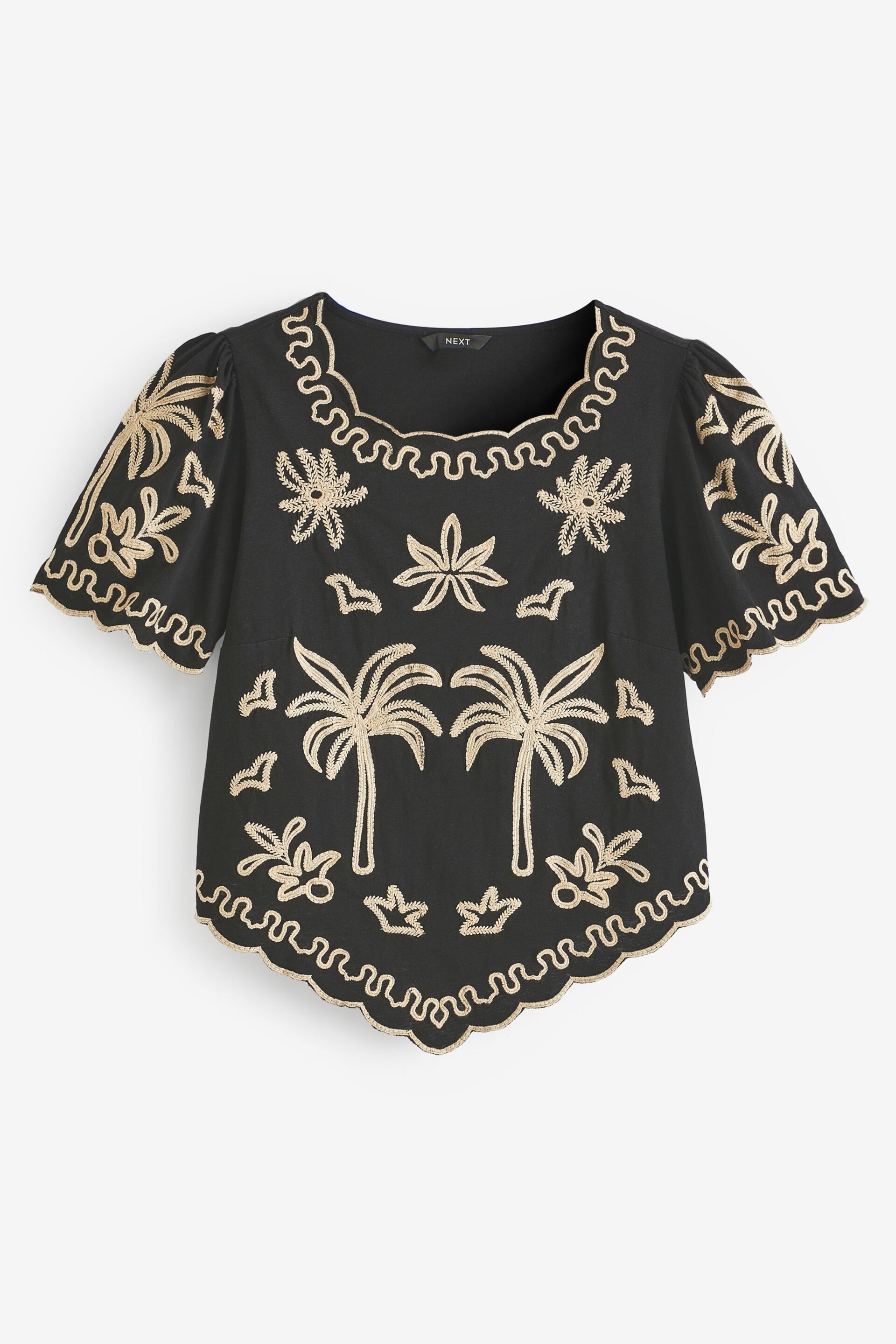 Black and Gold Palm Print Broderie Short Sleeve Top - Image 5 of 6