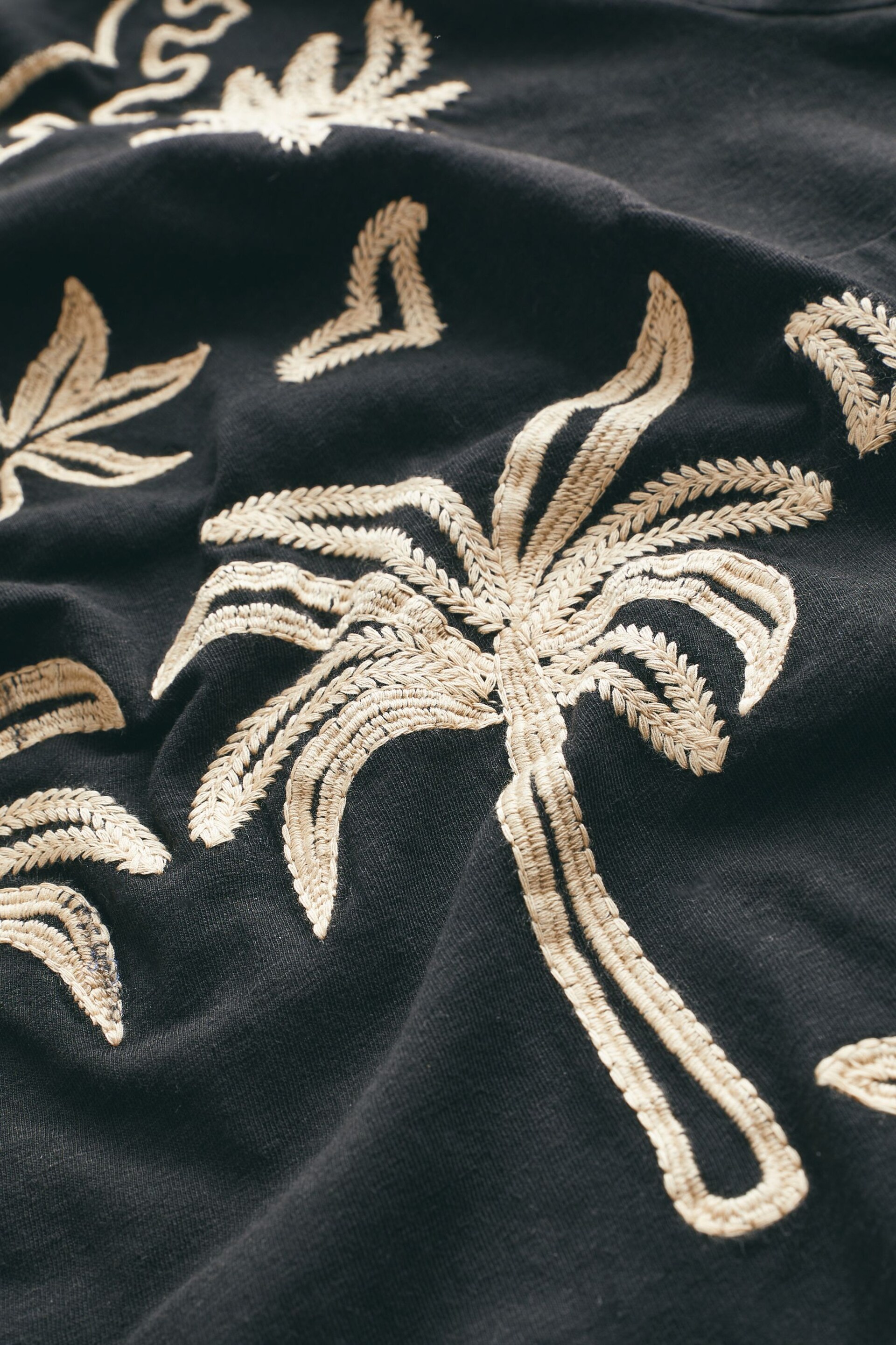 Black and Gold Palm Print Broderie Short Sleeve Top - Image 6 of 6