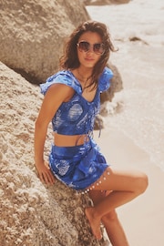Blue Ruched Shell Trim Mini Skirt - Image 2 of 6