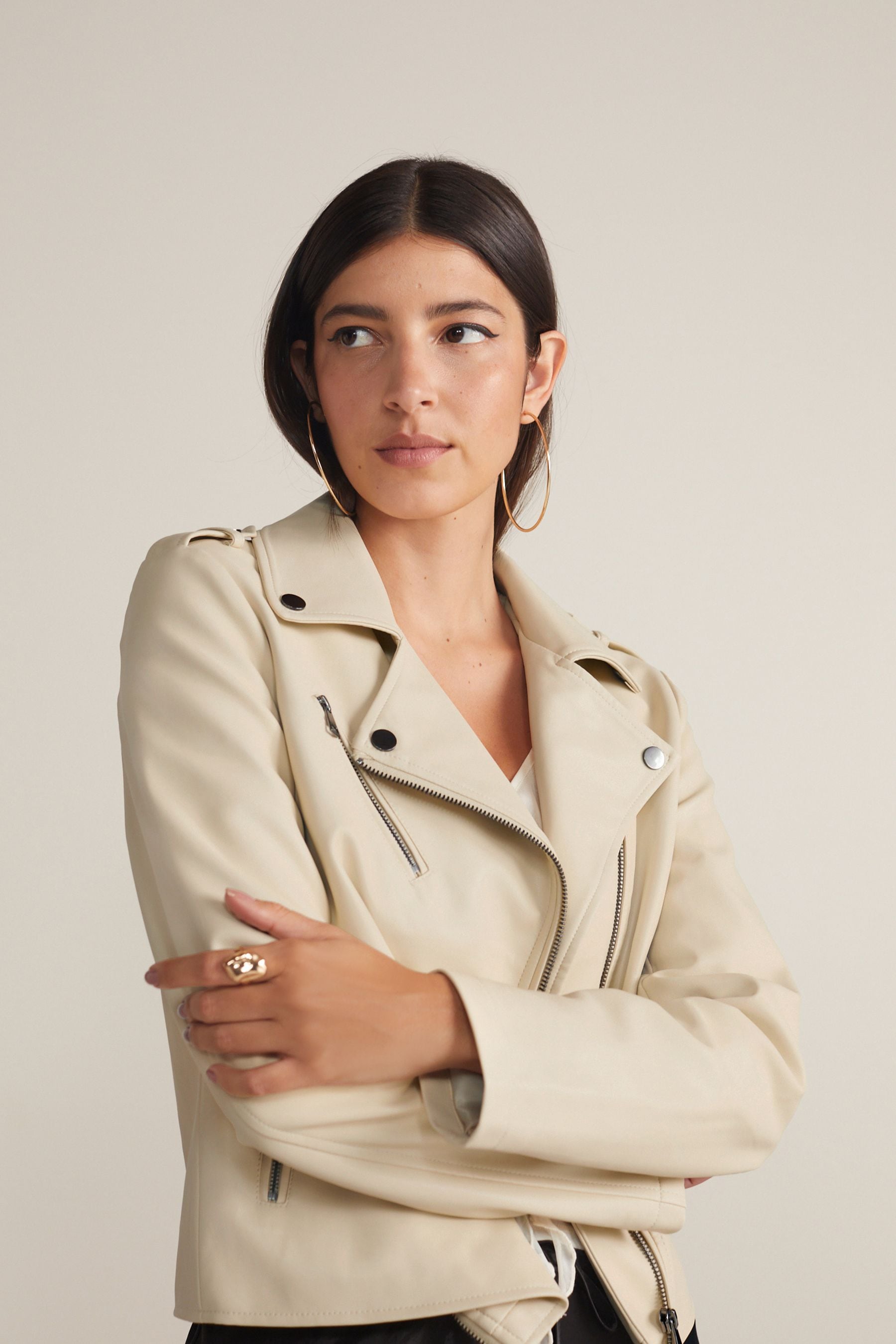 Buy Cream Faux Leather Biker Jacket from Next Luxembourg