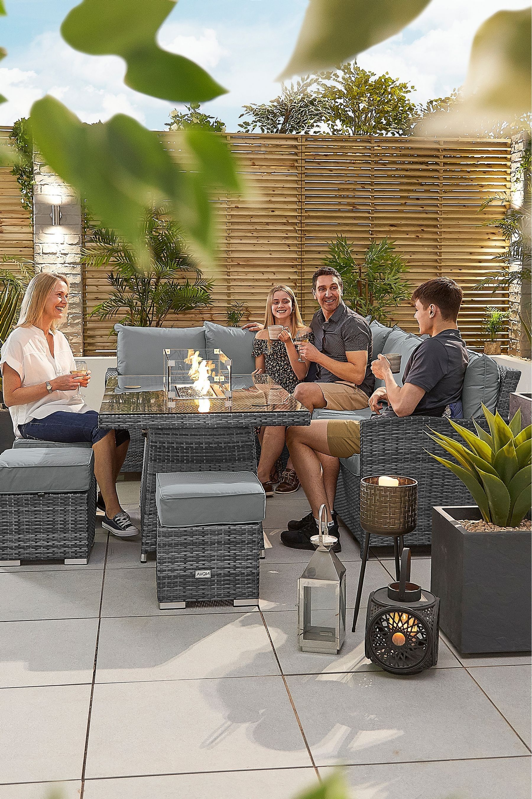 Nova Outdoor Living Grey Rattan Effect Cambridge Left Hand Corner Sofa Set with Fire Pit Table