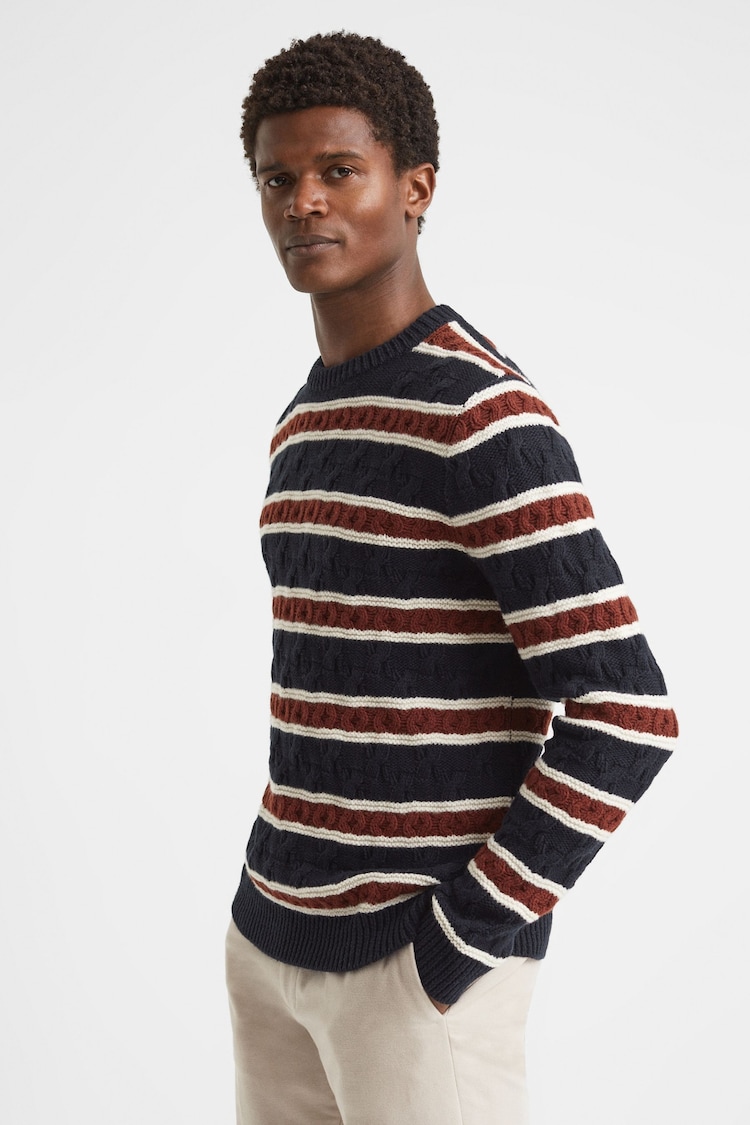 Reiss Tobacco Littleton Cable Knitted Striped Jumper - Image 1 of 6