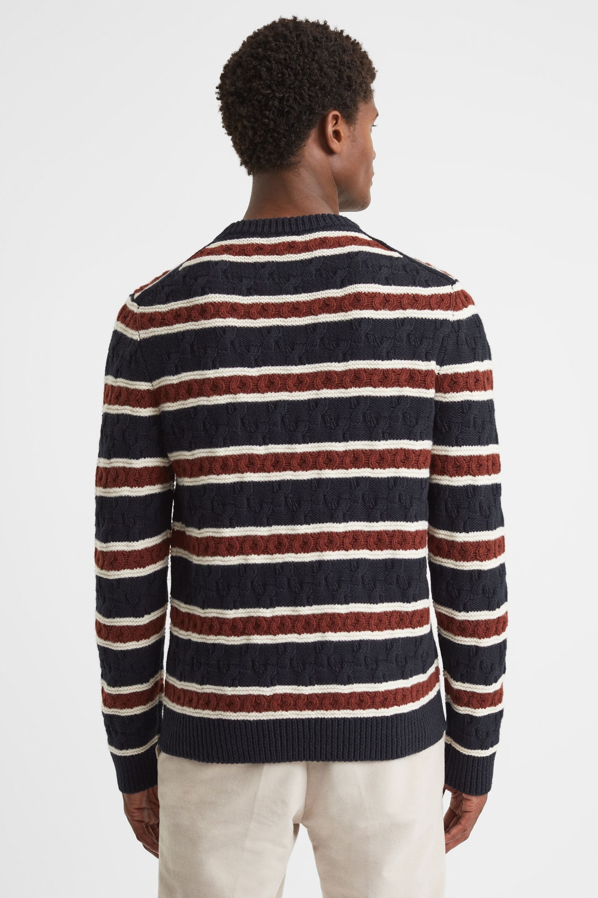 Reiss Tobacco Littleton Cable Knitted Striped Jumper - Image 5 of 6