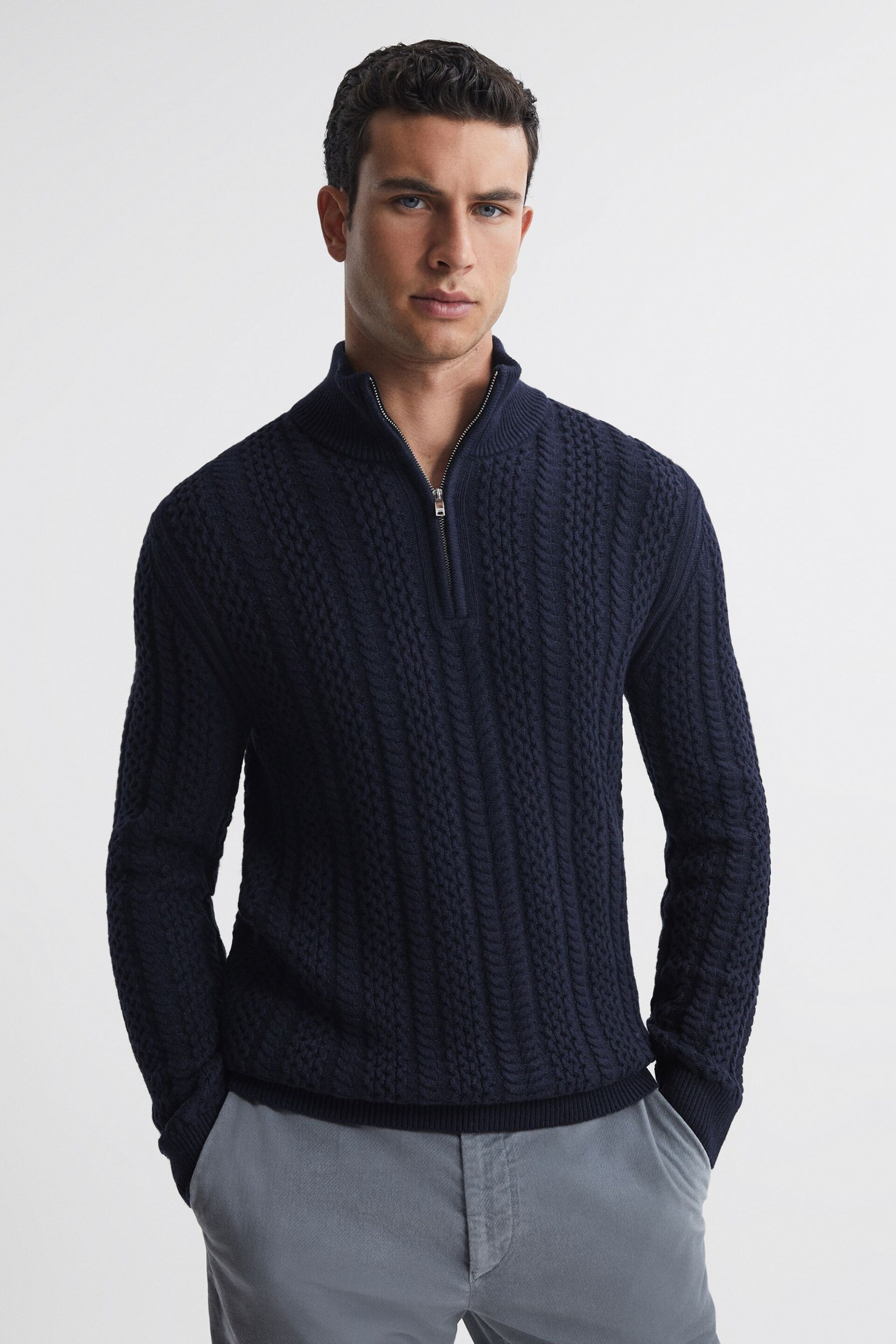 Reiss Navy Bantham Cable Knit Half-Zip Funnel Neck Jumper - Image 1 of 5