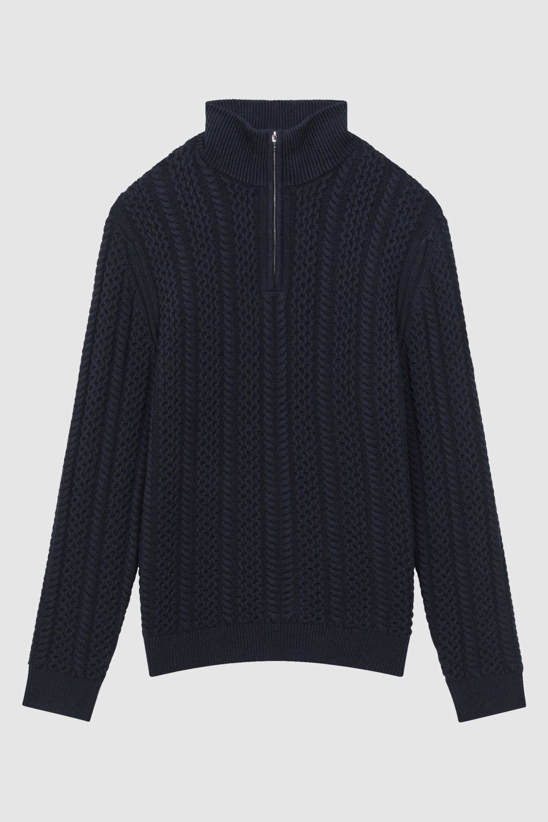 Reiss Navy Bantham Cable Knit Half-Zip Funnel Neck Jumper - Image 2 of 5