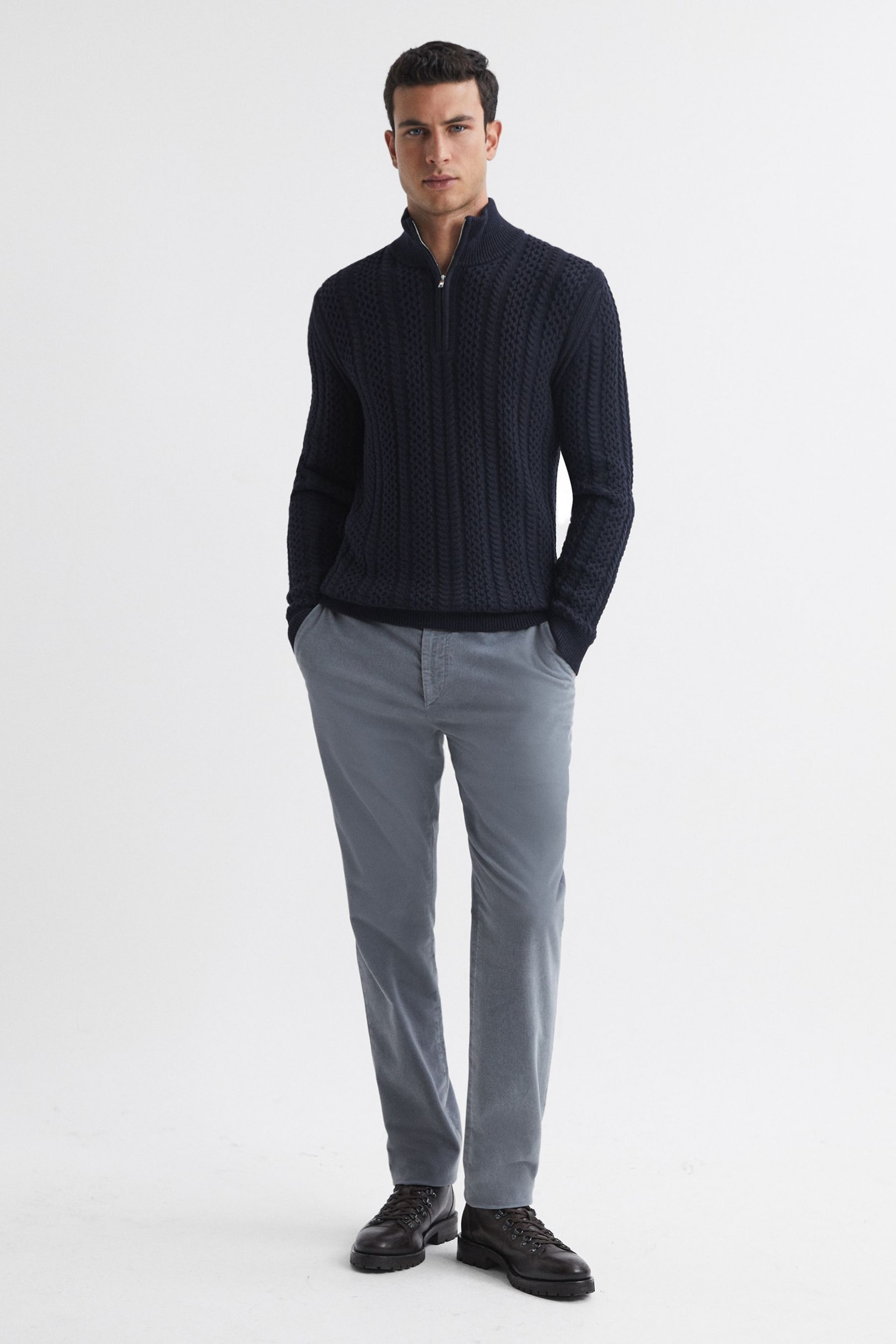Reiss Navy Bantham Cable Knit Half-Zip Funnel Neck Jumper - Image 4 of 5