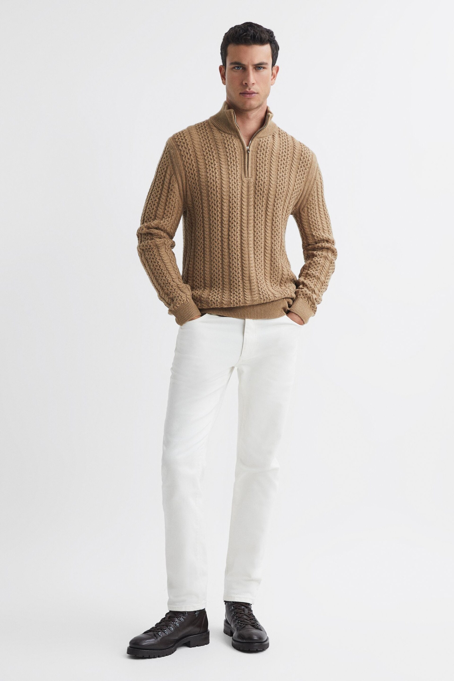 Reiss Camel Bantham Cable Knit Half-Zip Funnel Neck Jumper - Image 1 of 4