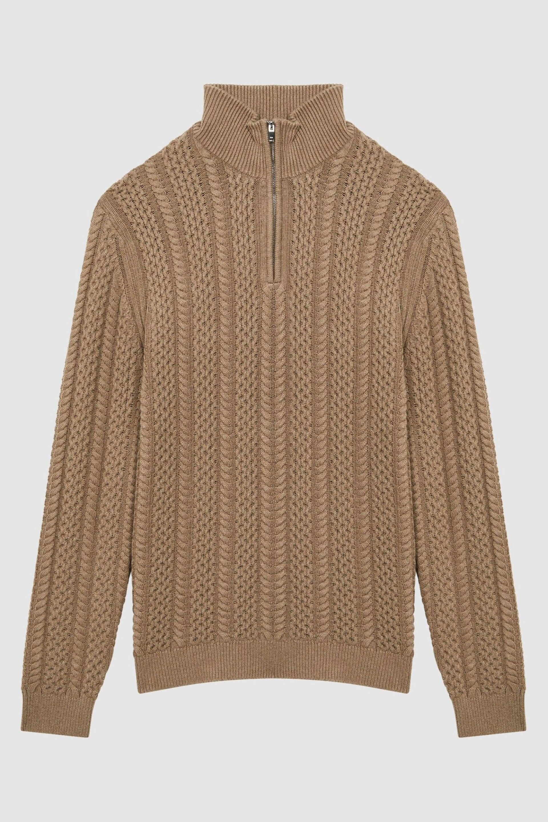 Reiss Camel Bantham Cable Knit Half-Zip Funnel Neck Jumper - Image 2 of 4