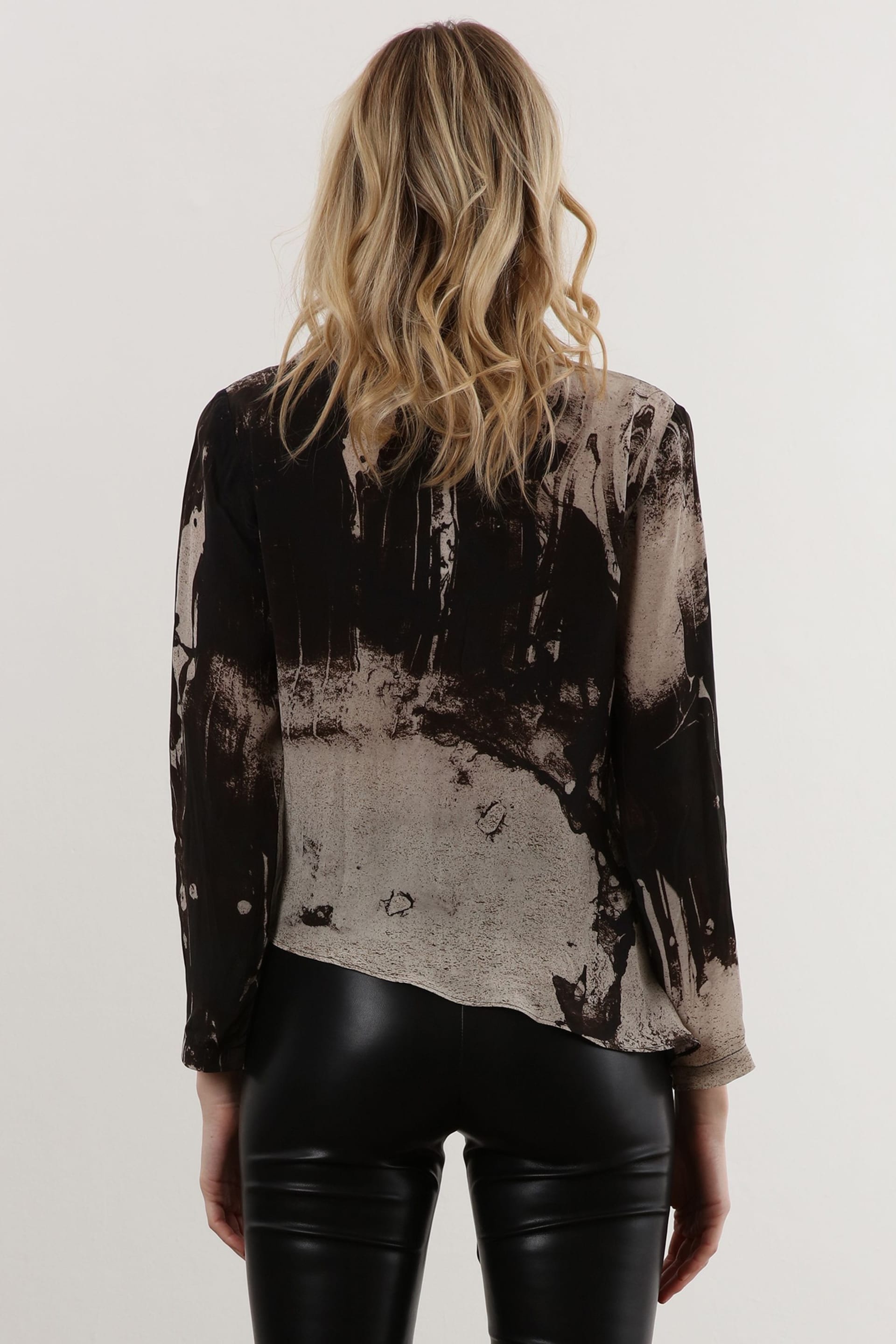 Religion Black Print Long Sleeve Tie Front Double Layer Top - Image 2 of 6