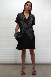 Religion Black Loose Tunic Dress In Crepe with Hand Beading Leaf Motifs - Image 1 of 7