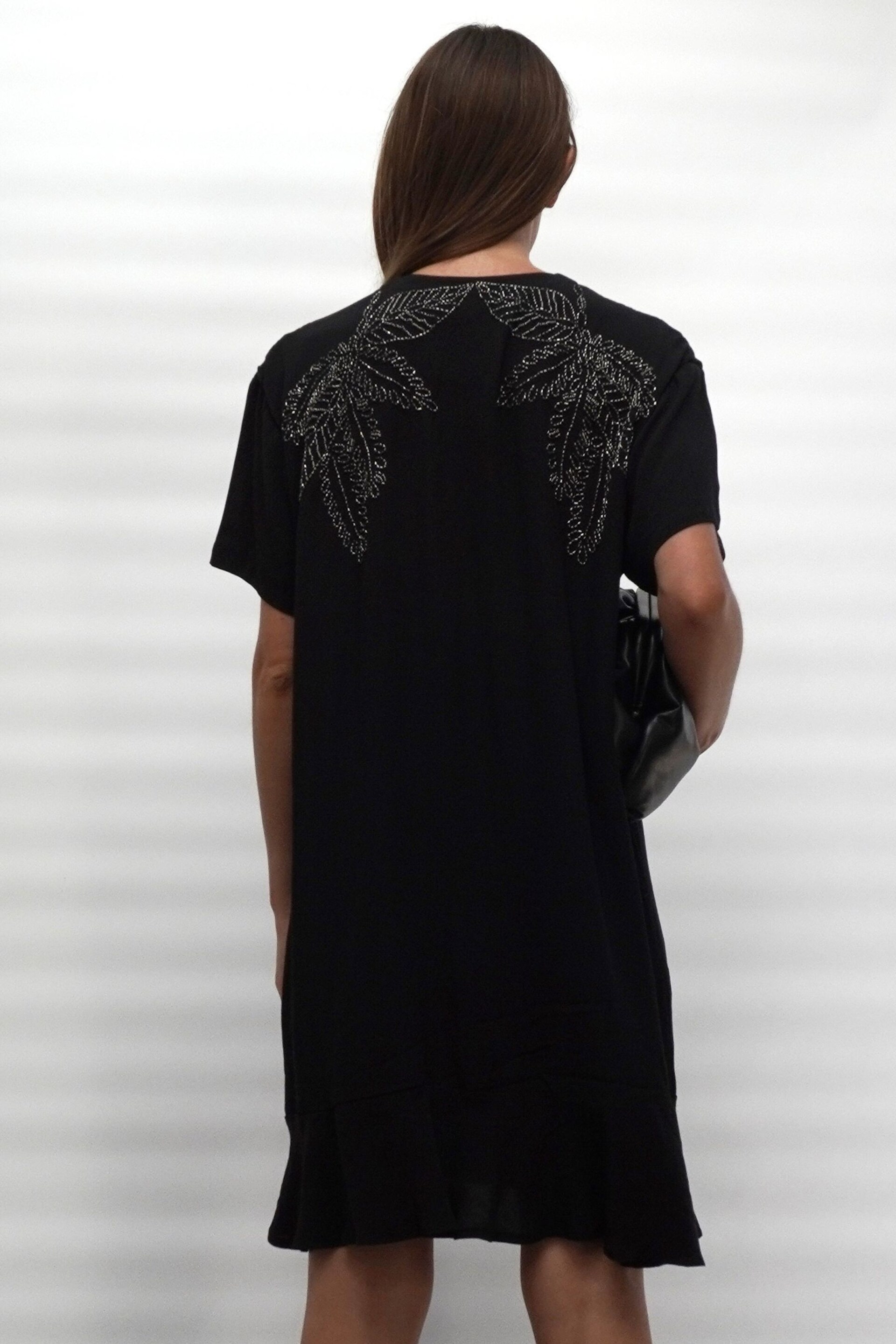 Religion Black Loose Tunic Dress In Crepe with Hand Beading Leaf Motifs - Image 2 of 7