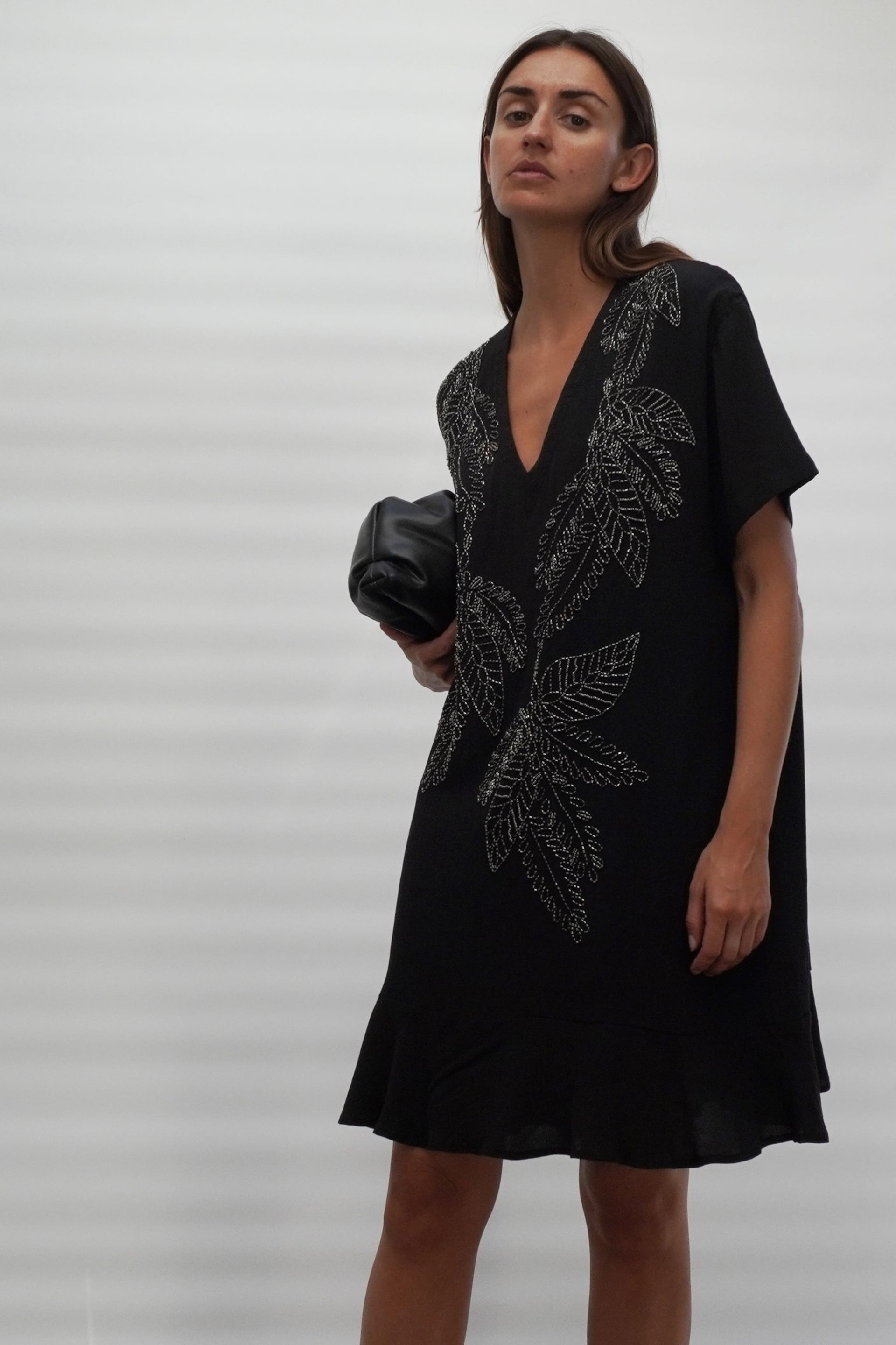 Religion Black Loose Tunic Dress In Crepe with Hand Beading Leaf Motifs - Image 3 of 7
