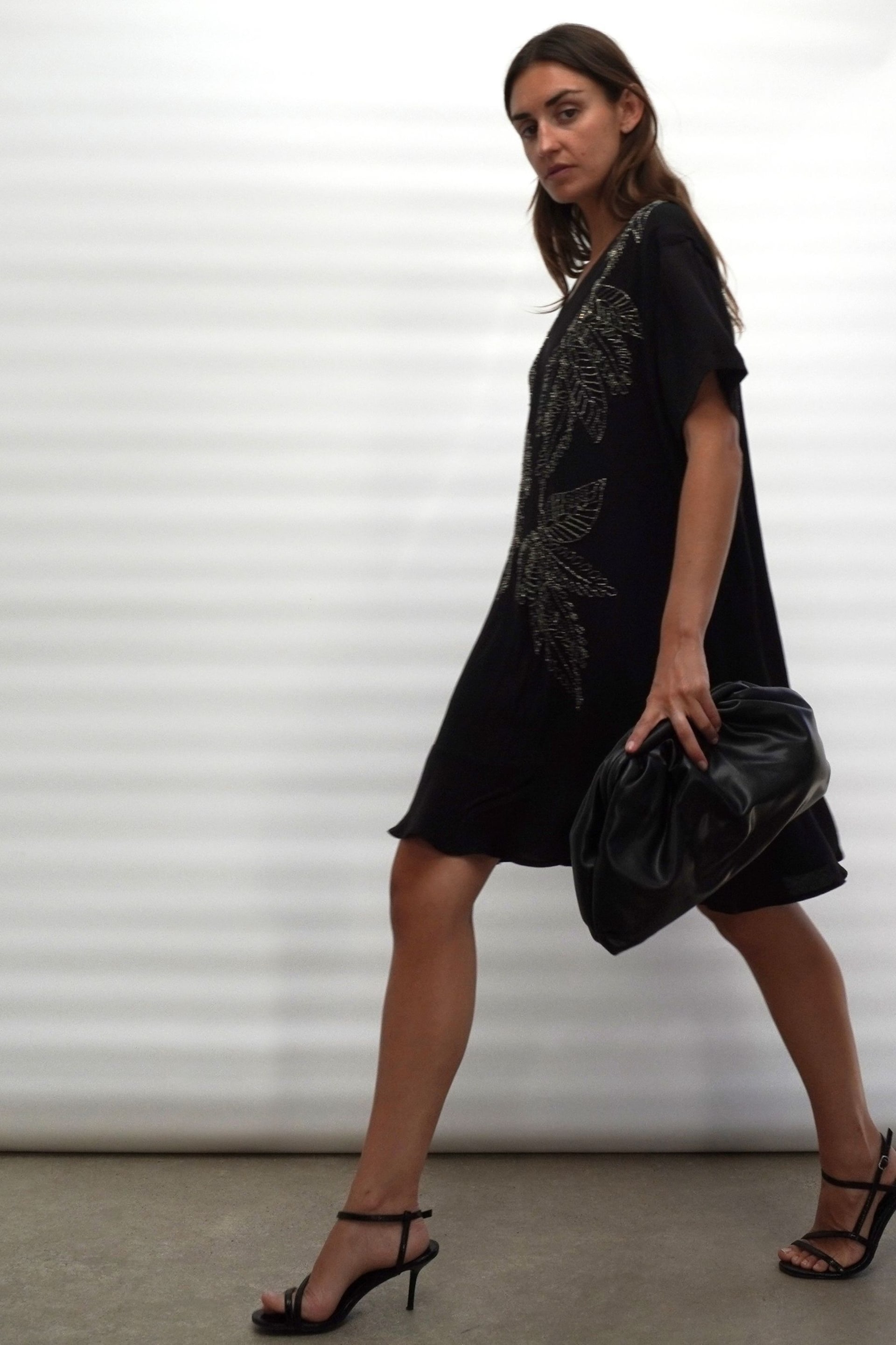 Religion Black Loose Tunic Dress In Crepe with Hand Beading Leaf Motifs - Image 5 of 7