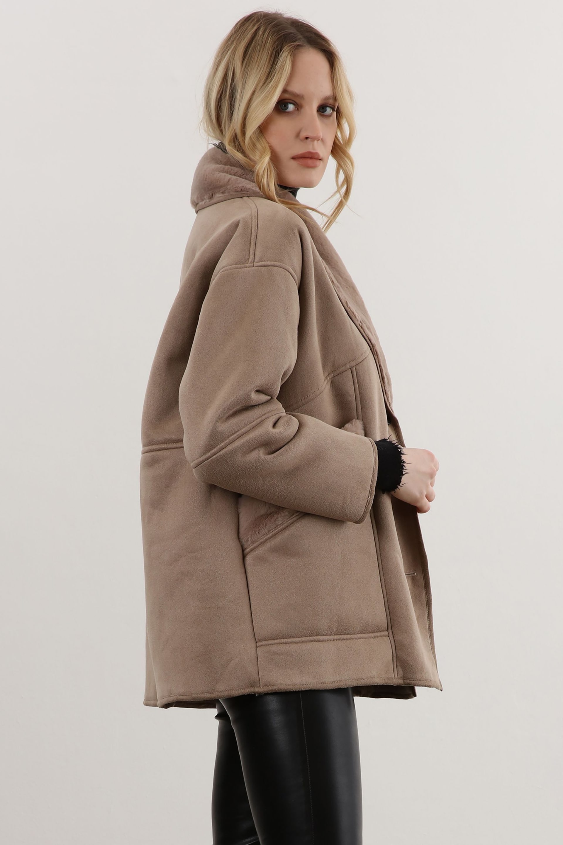 Religion Natural Short Faux Fur Shearling Coat with Shawl Collar - Image 3 of 6