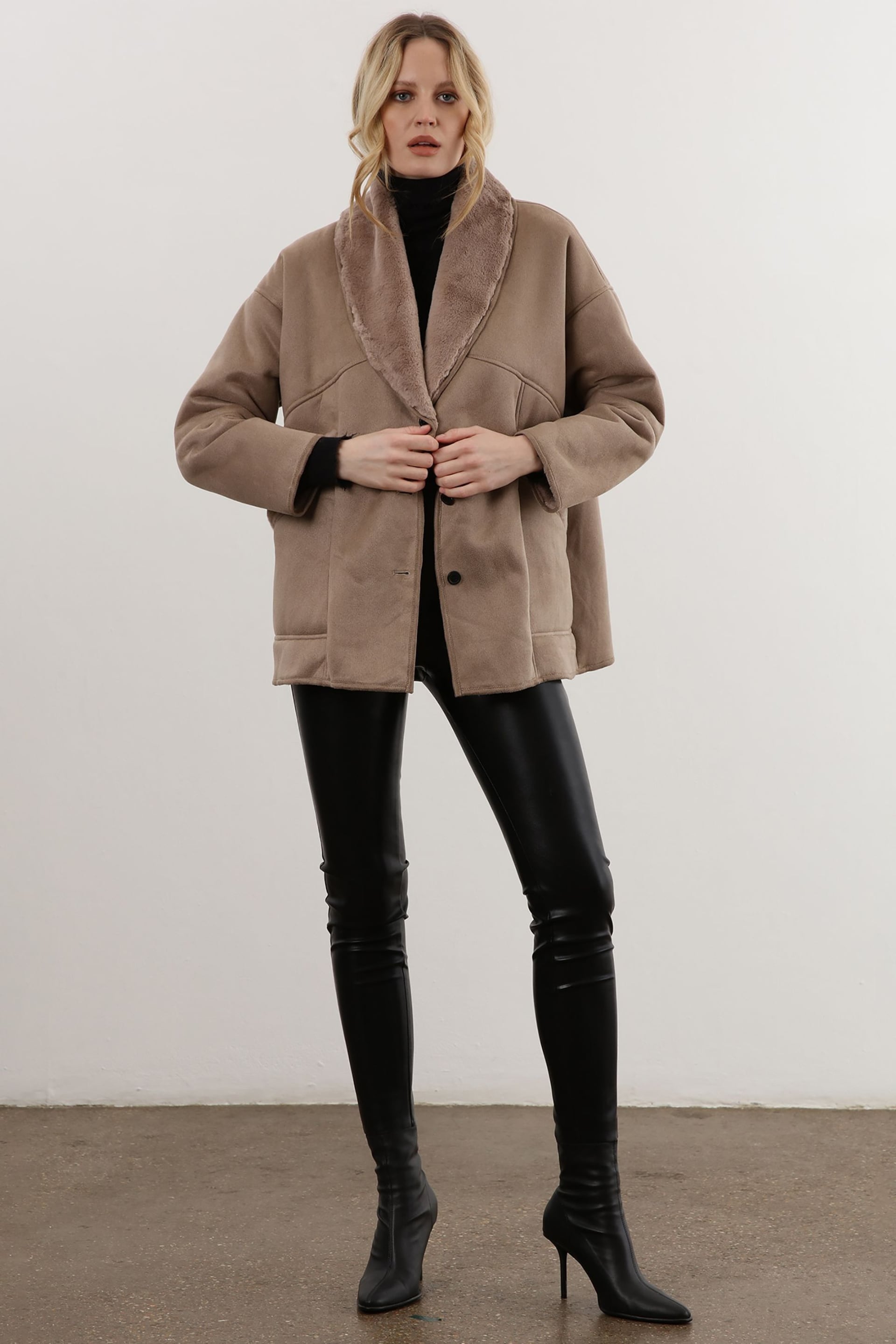 Religion Natural Short Faux Fur Shearling Coat with Shawl Collar - Image 4 of 6
