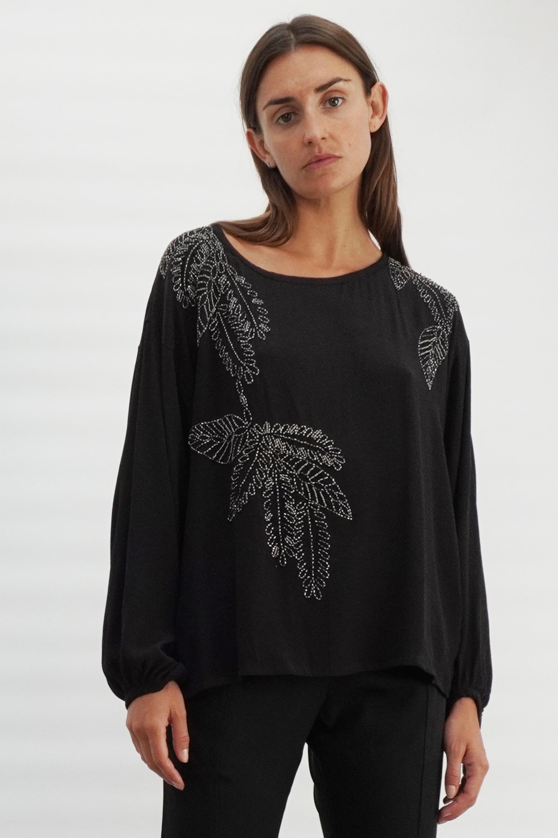 Religion Black Off The Shoulder Top With Hand-Beaded Leaf Motifs - Image 1 of 8
