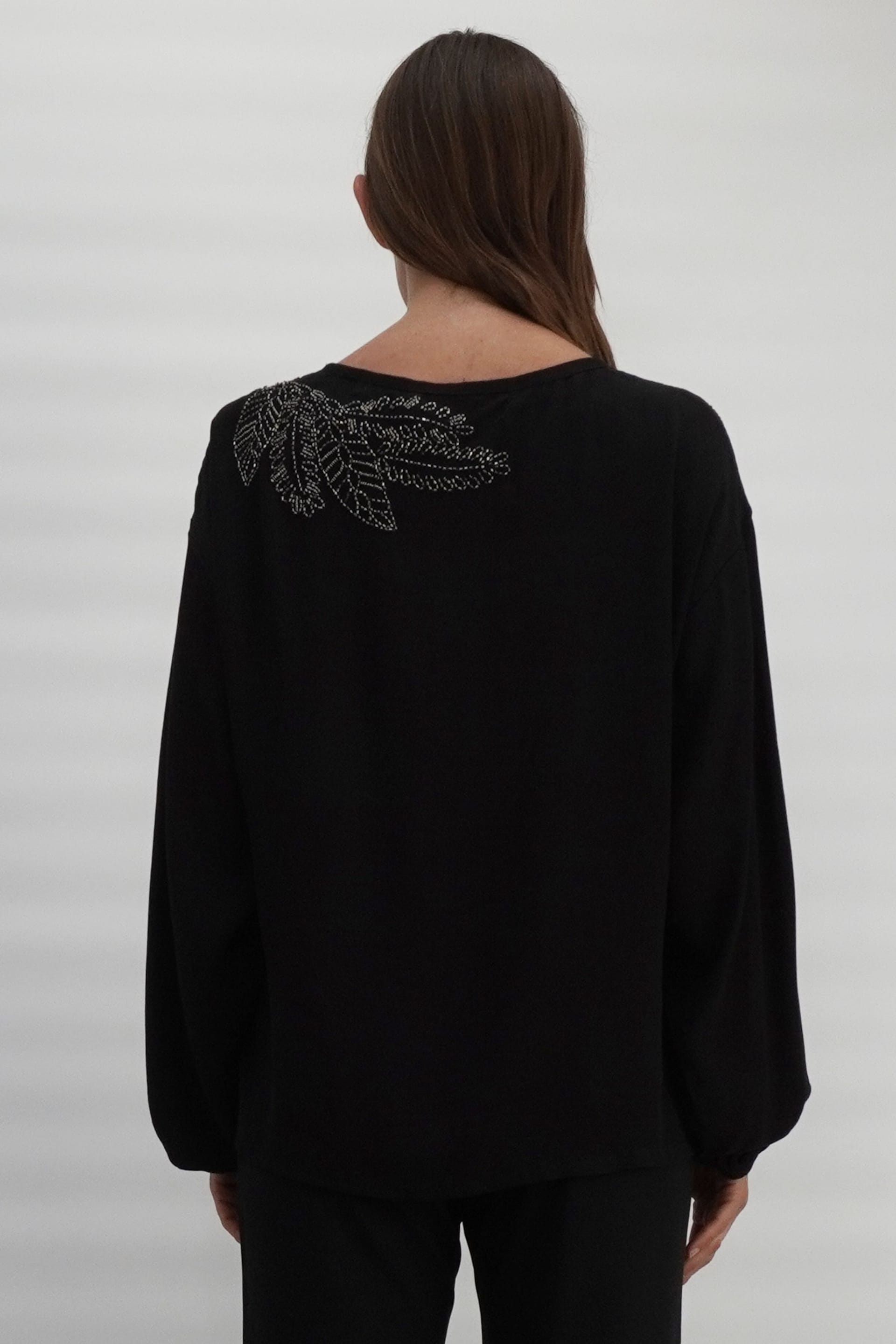 Religion Black Off The Shoulder Top With Hand-Beaded Leaf Motifs - Image 2 of 8