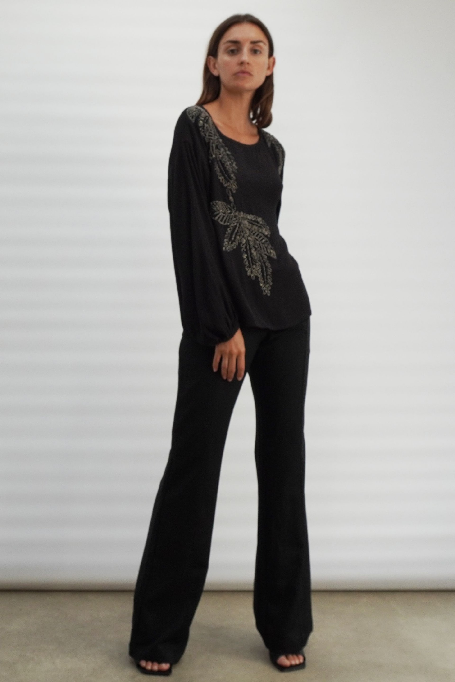 Religion Black Off The Shoulder Top With Hand-Beaded Leaf Motifs - Image 4 of 8