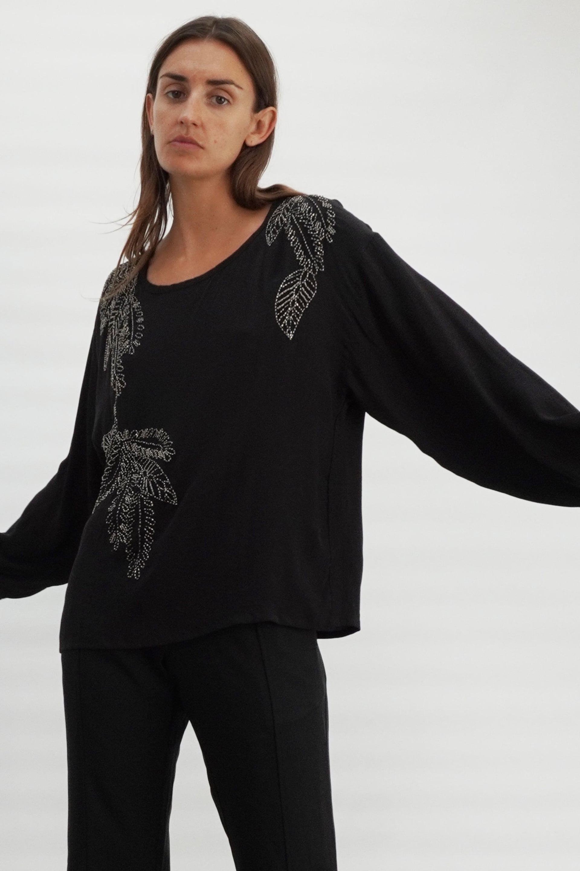 Religion Black Off The Shoulder Top With Hand-Beaded Leaf Motifs - Image 8 of 8
