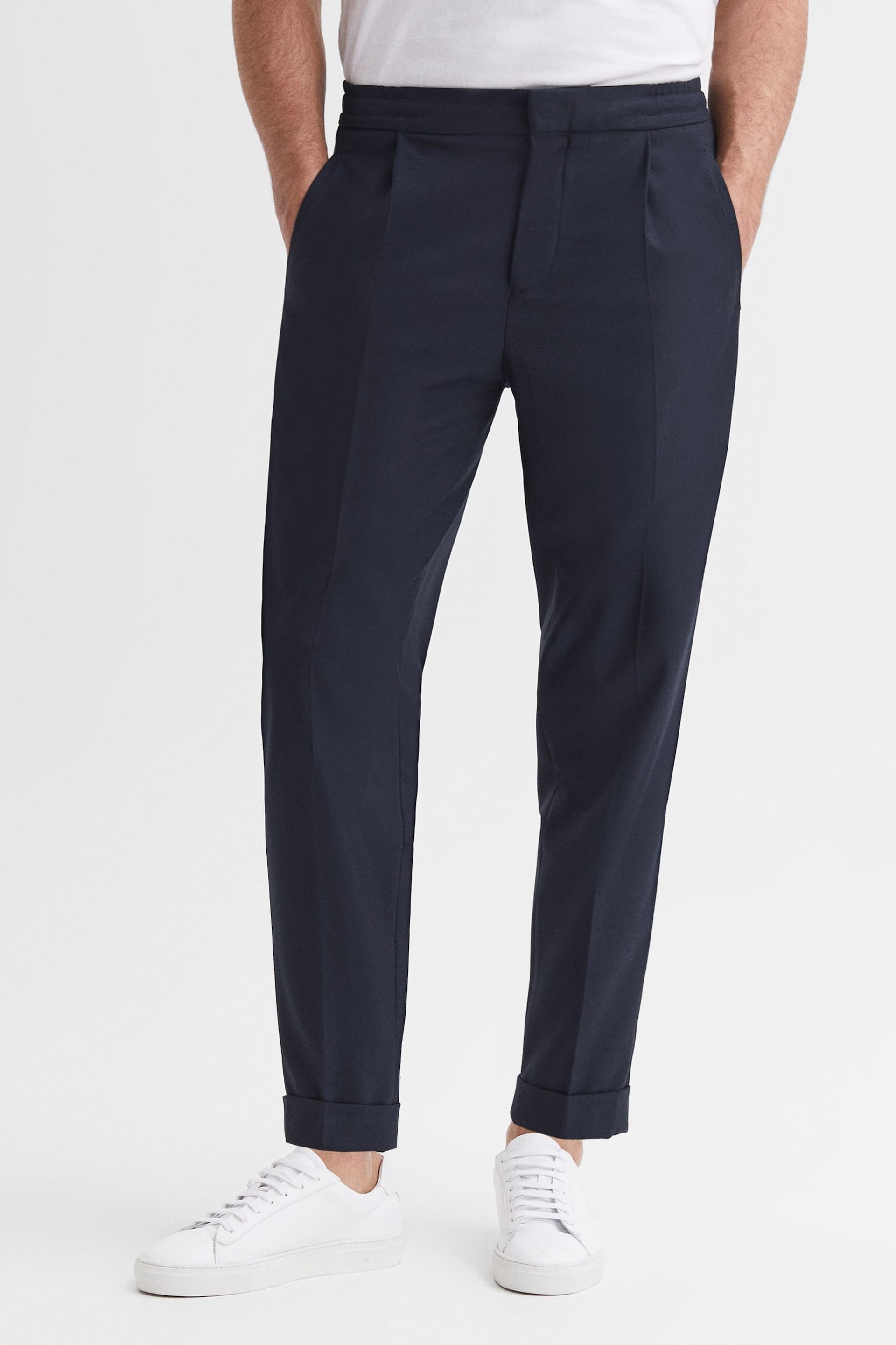 Reiss Navy Brighton Relaxed Drawstring Trousers with Turn-Ups - Image 1 of 5