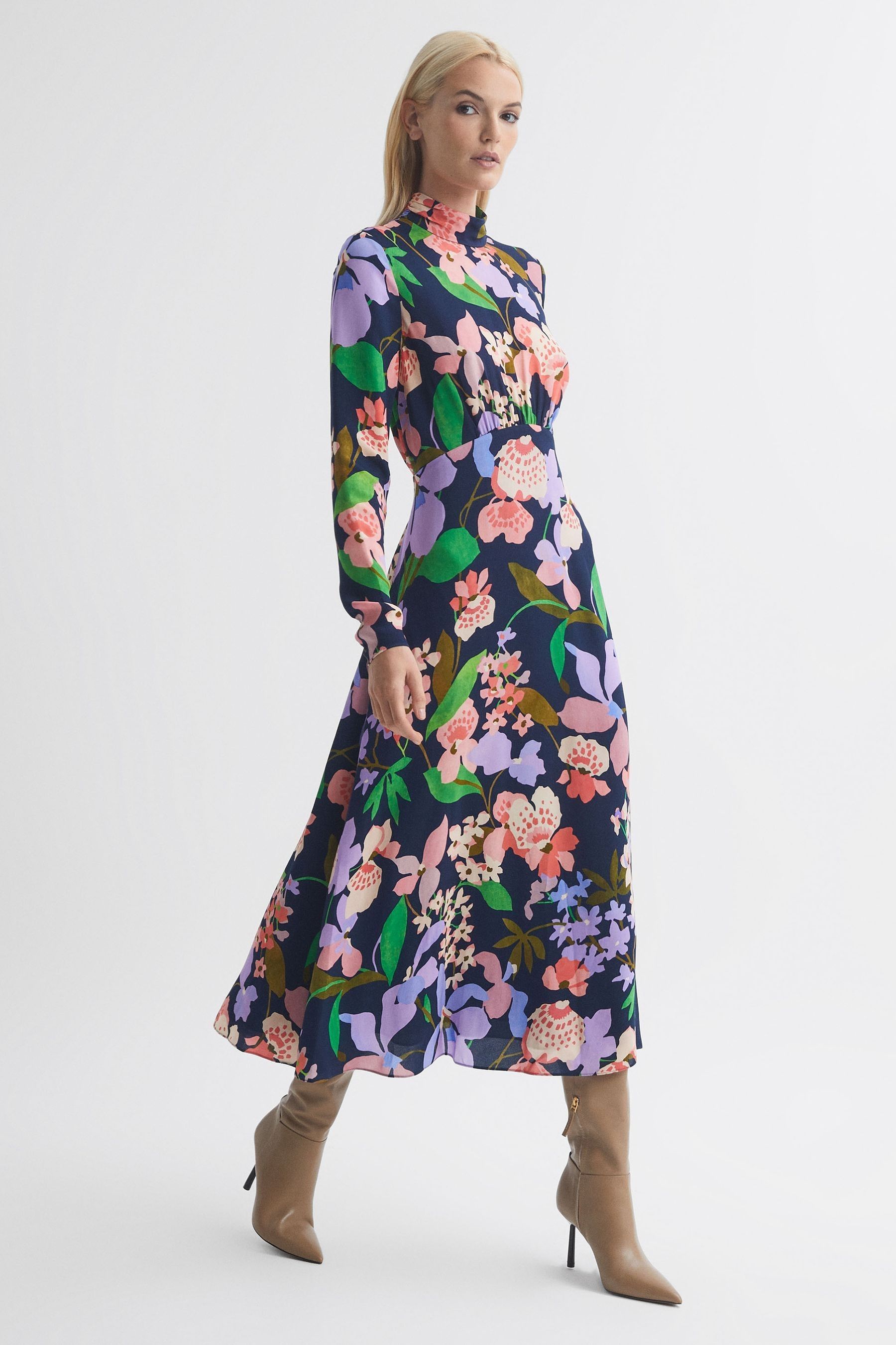 Long sleeve floral midi dress uk cheap