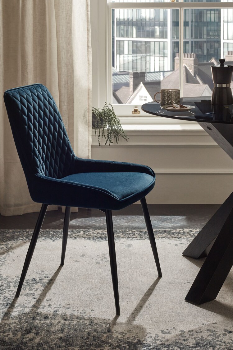 Set of 2 Soft Velvet Navy Blue Black Legs Hamilton Non Arm Dining Chairs - Image 1 of 8