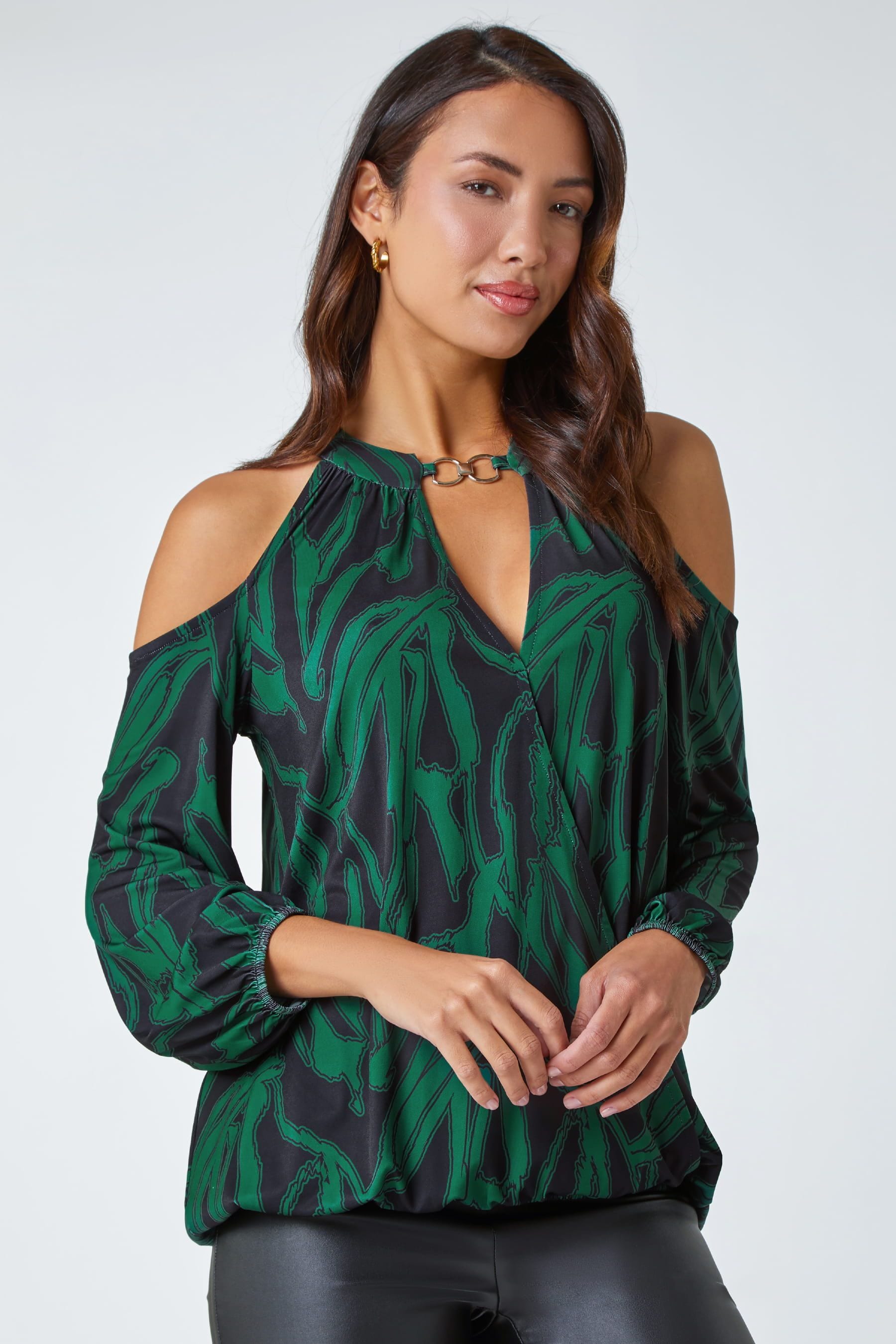 Buy Roman Green Abstract Print Cold Shoulder Stretch Top from the Next UK online shop