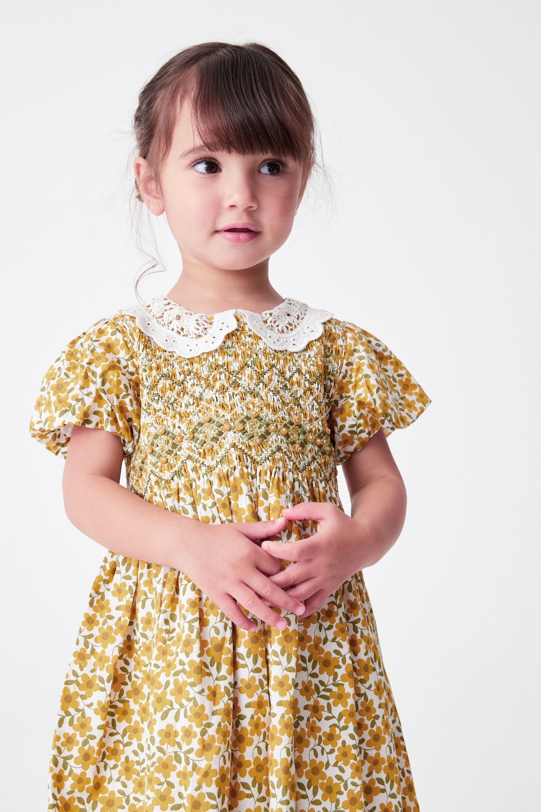 Buy Ochre Yellow Floral Printed Lace Collar Shirred Cotton Dress 3mths 8yrs from Next Luxembourg