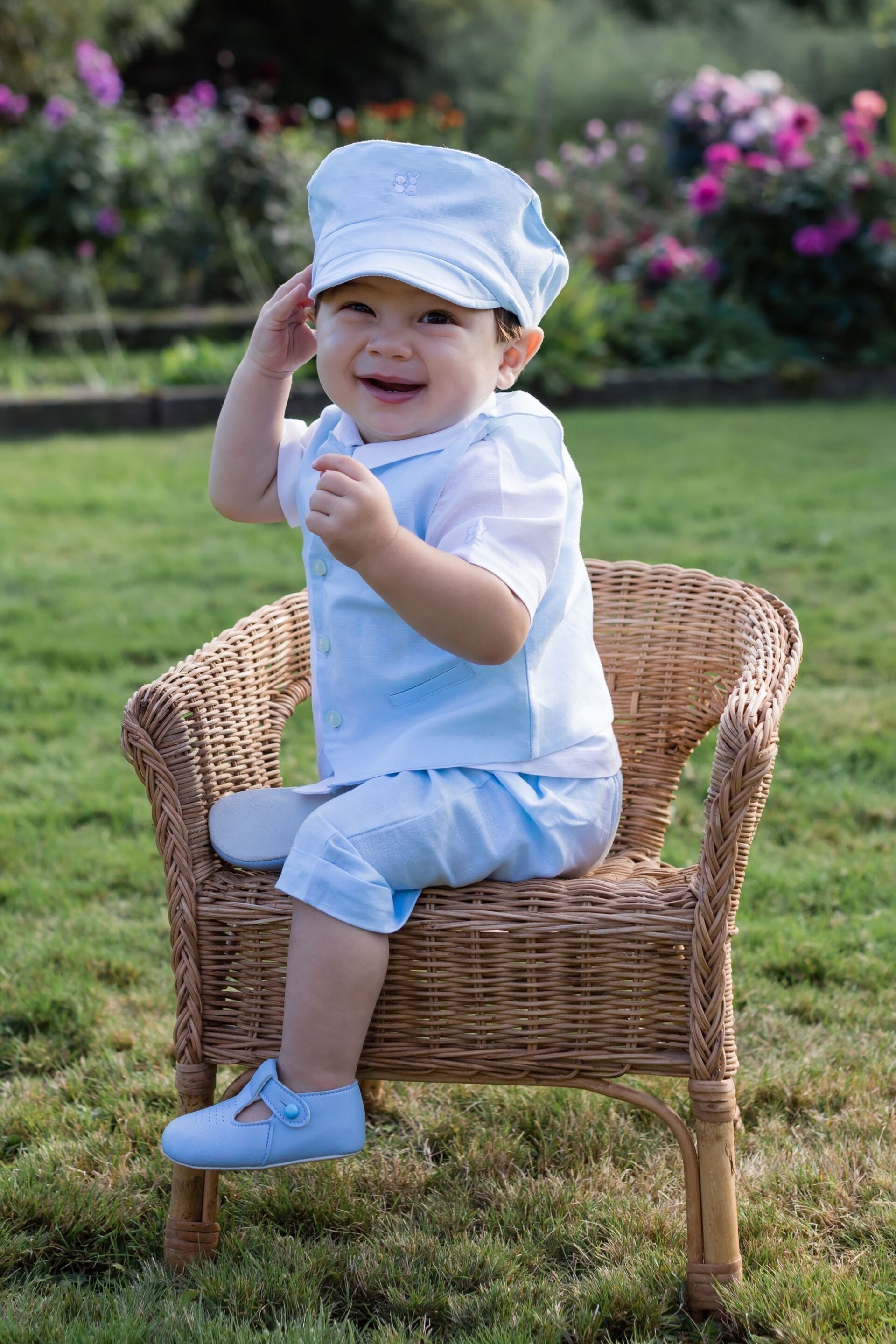 Emile Et Rose Blue Three-Piece Linen Shorts And Hat Set - Image 1 of 3