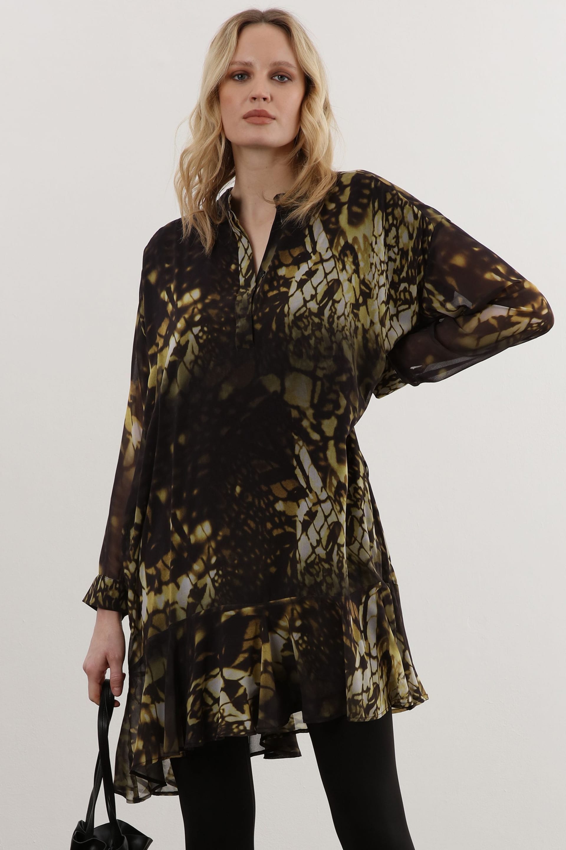 Religion Green Oversized Shirt Dress with Frill Hem and Pockets - Image 1 of 6